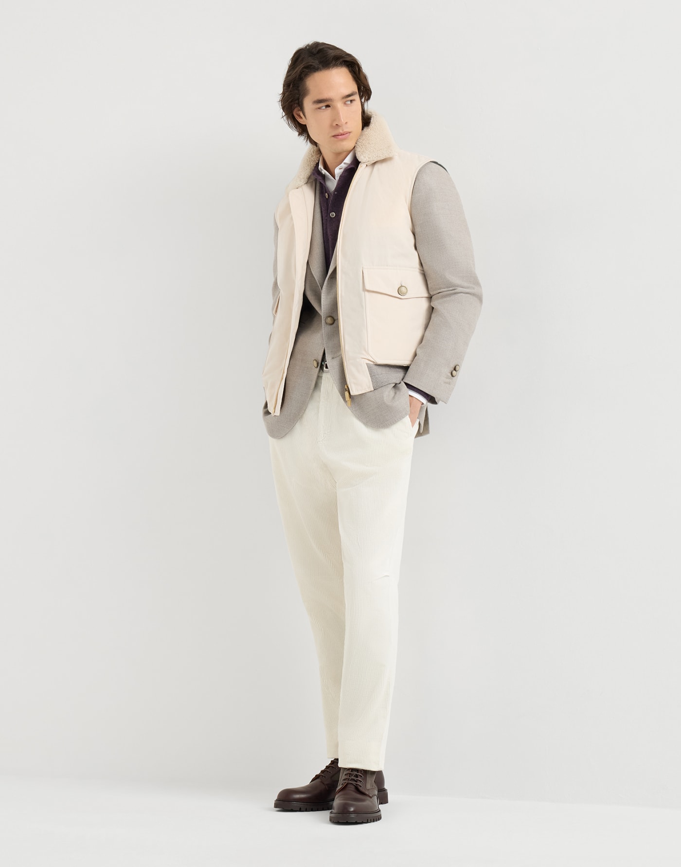 小牛皮與科技面料短靴 咖啡色 男士 - Brunello Cucinelli
