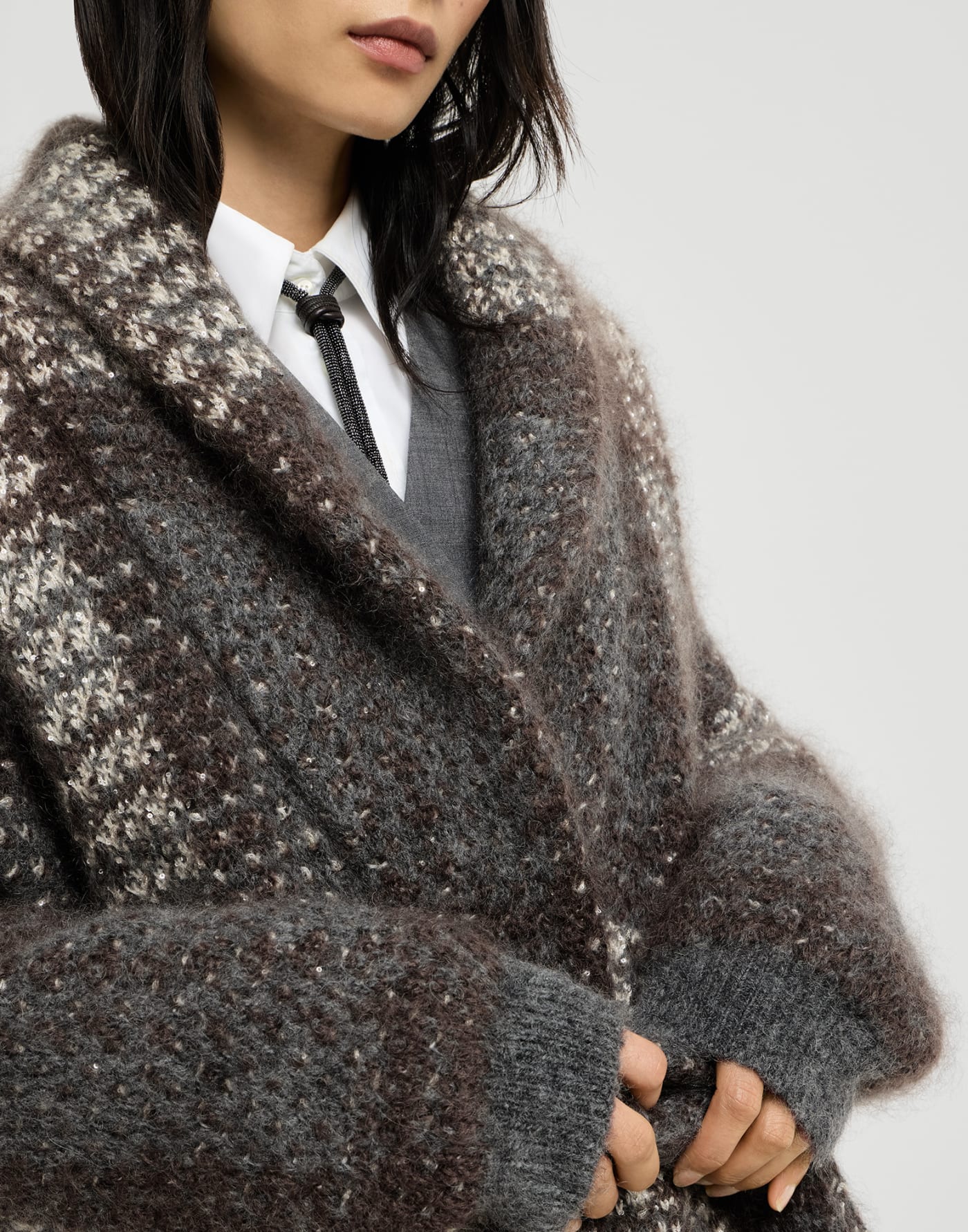 Manteau Dazzling Tartan en maille double Anthracite Femme - Brunello Cucinelli