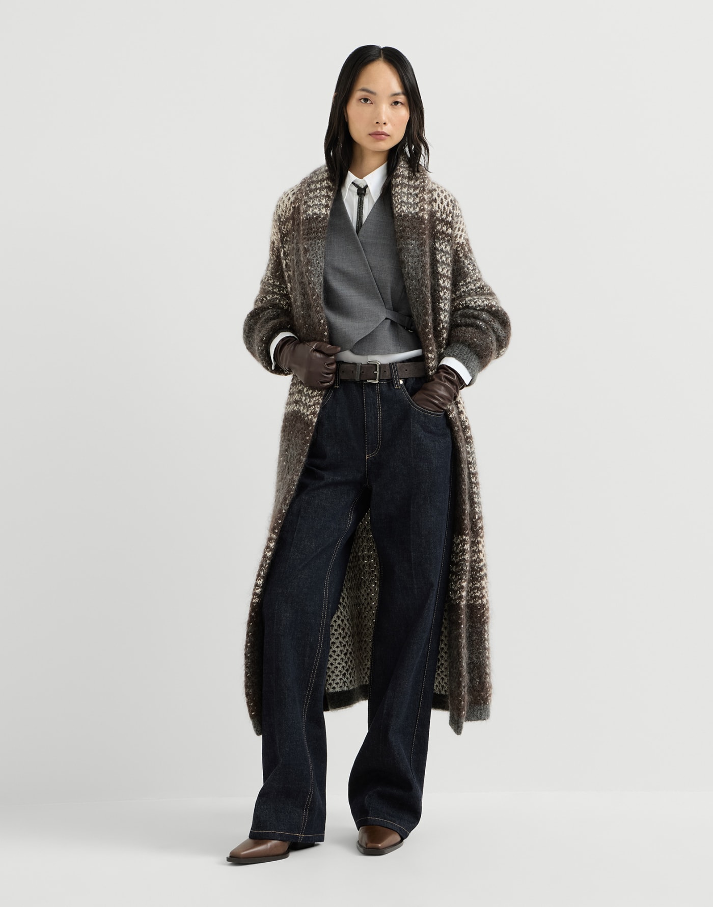 Manteau Dazzling Tartan en maille double Anthracite Femme - Brunello Cucinelli