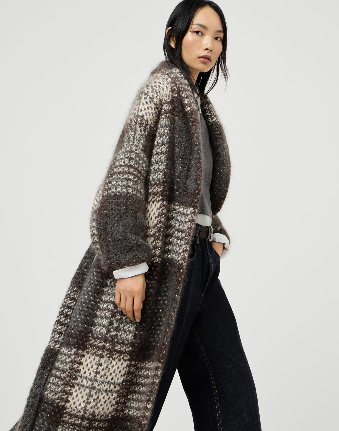 Manteau Dazzling Tartan en maille double Anthracite Femme - Brunello Cucinelli