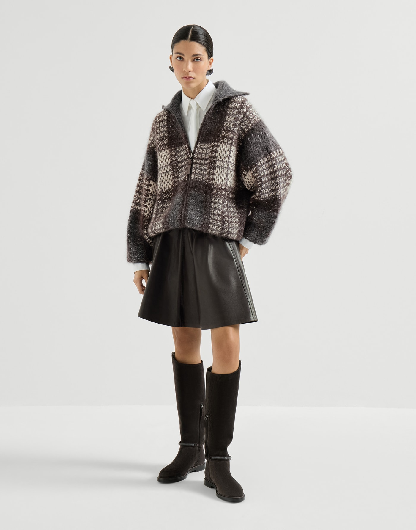 Dazzling Tartan double knit cardigan Anthracite Woman - Brunello Cucinelli
