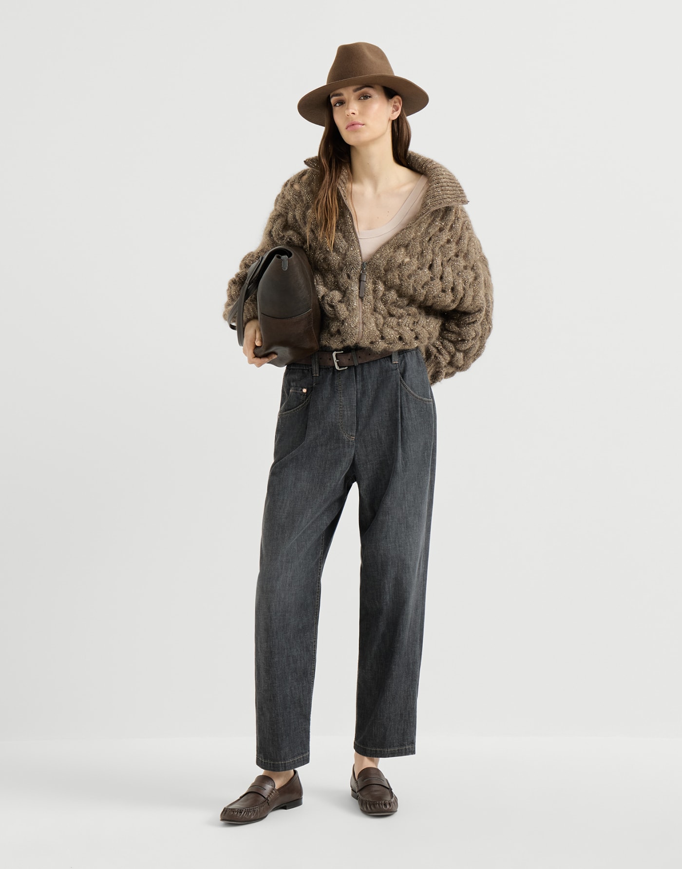 Ribbed jersey top with monili Cool Beige Woman - Brunello Cucinelli