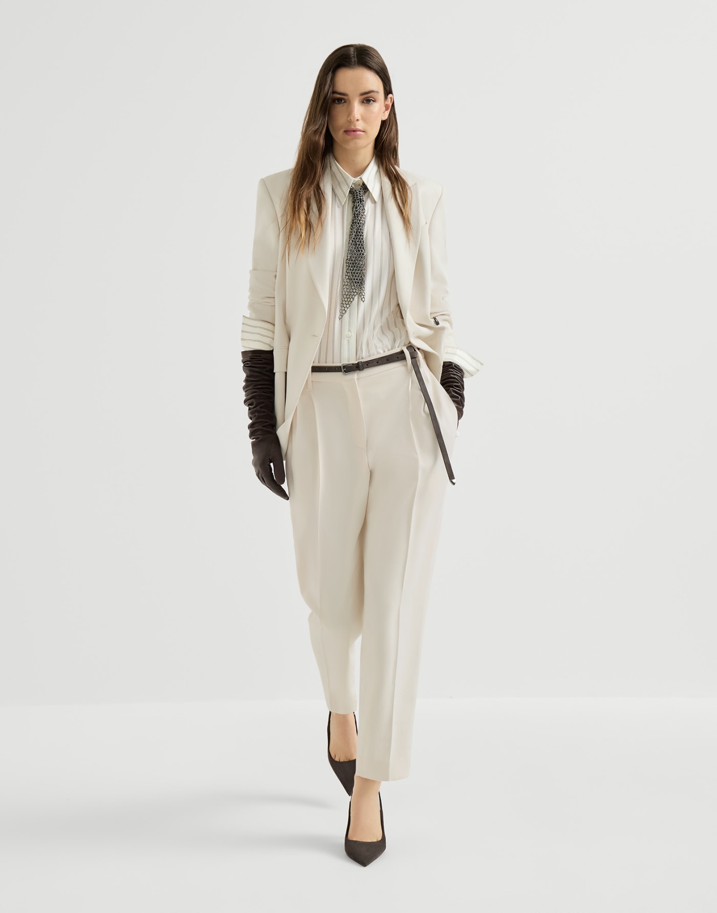 Slouchy trousers with monili Milk Woman - Brunello Cucinelli