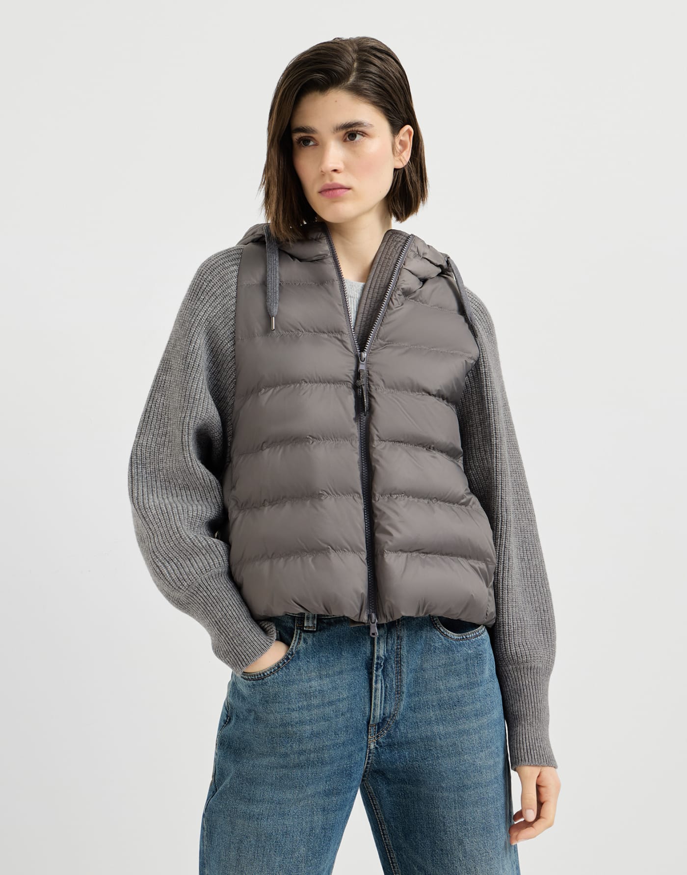 Down jacket with knitted sleeves and hood Medium Grey Woman - Brunello Cucinelli