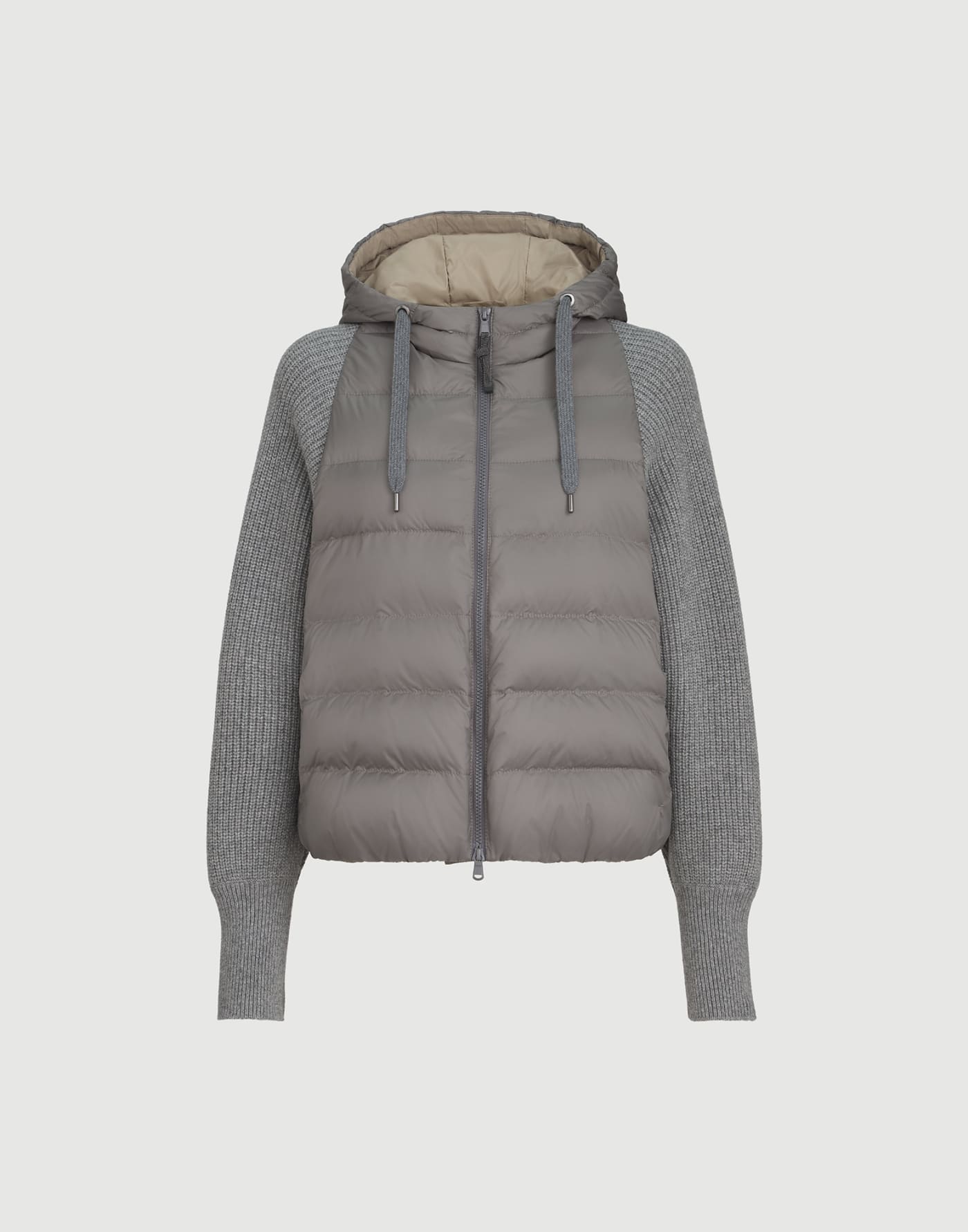 Down jacket with knitted sleeves and hood Medium Grey Woman - Brunello Cucinelli