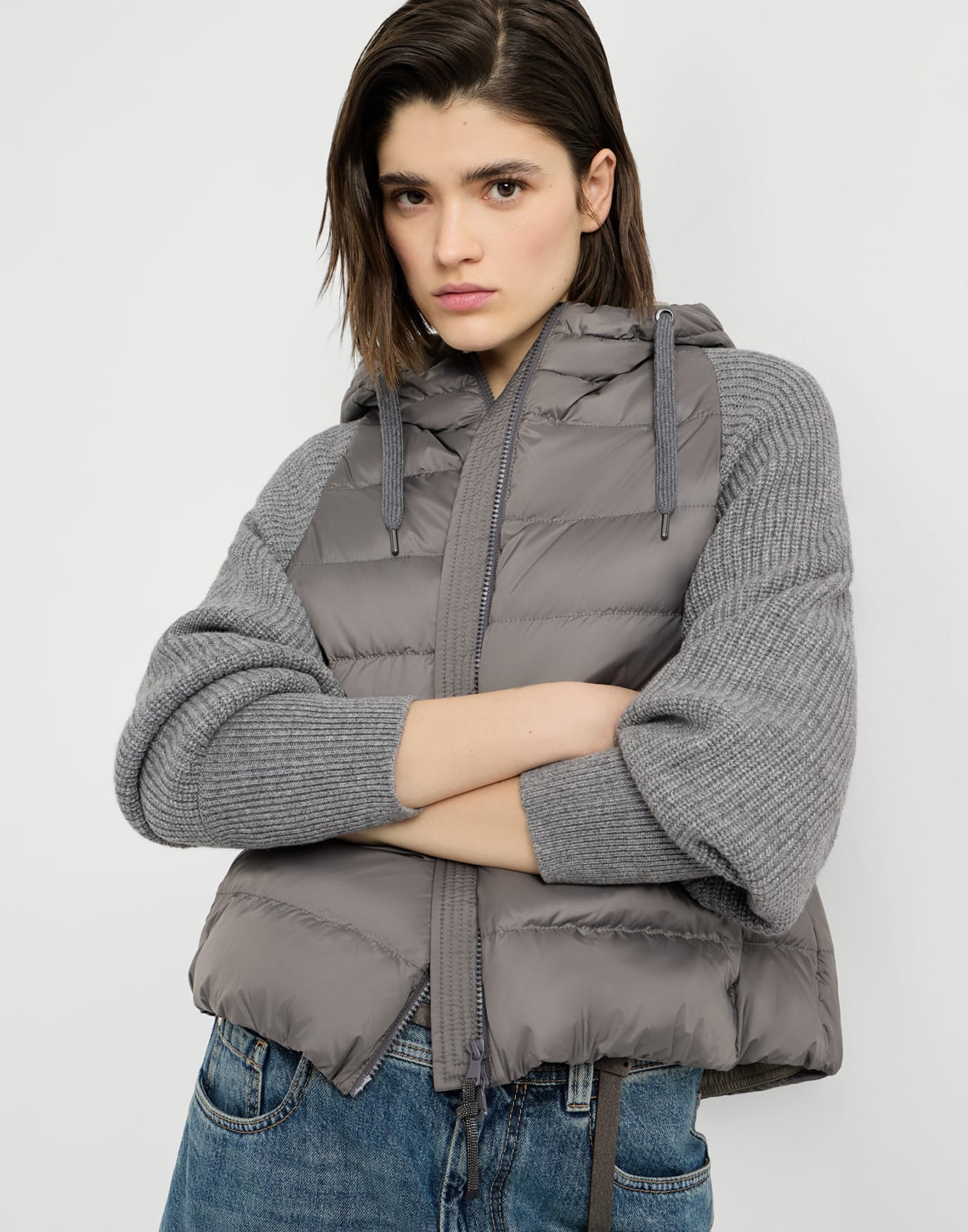 Down jacket with knitted sleeves and hood Medium Grey Woman - Brunello Cucinelli