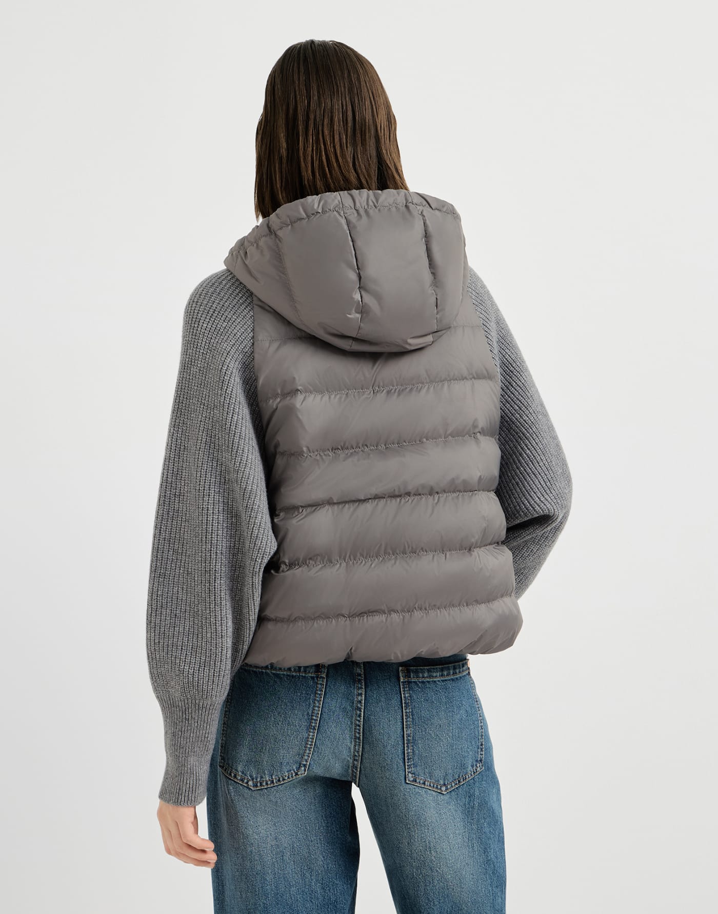 Down jacket with knitted sleeves and hood Medium Grey Woman - Brunello Cucinelli