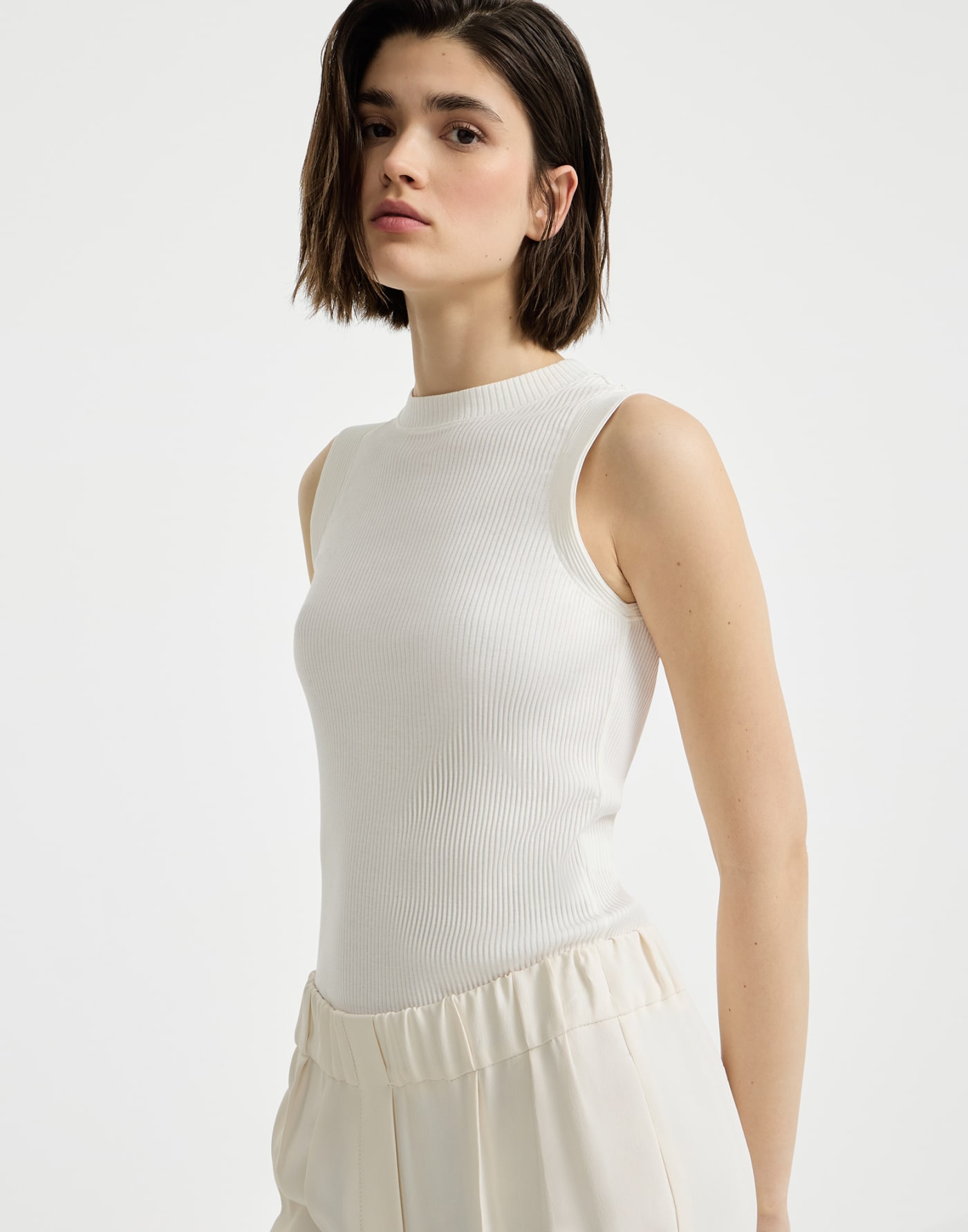 Ribbed jersey top with monili Ivory Woman - Brunello Cucinelli