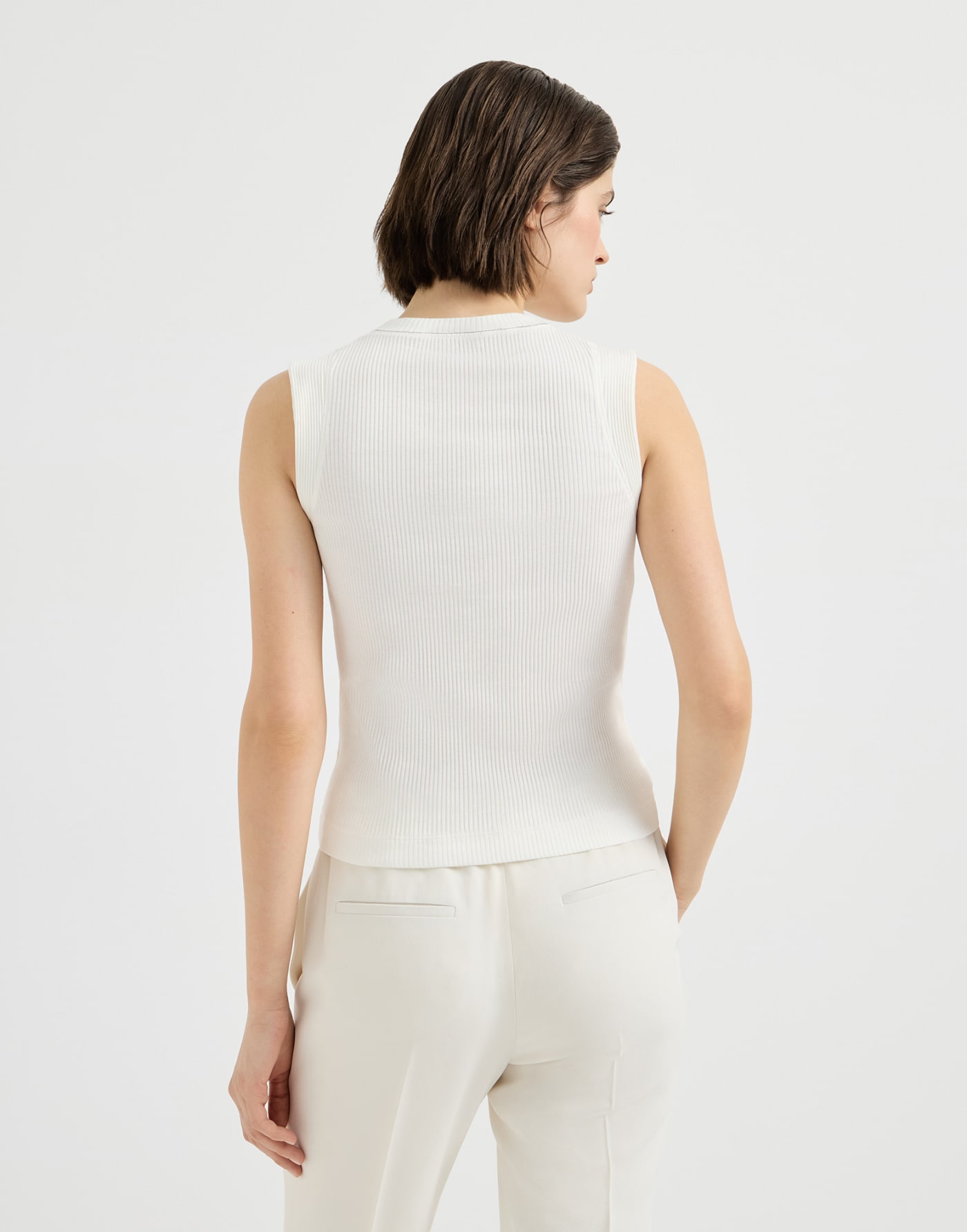 Ribbed jersey top with monili Ivory Woman - Brunello Cucinelli