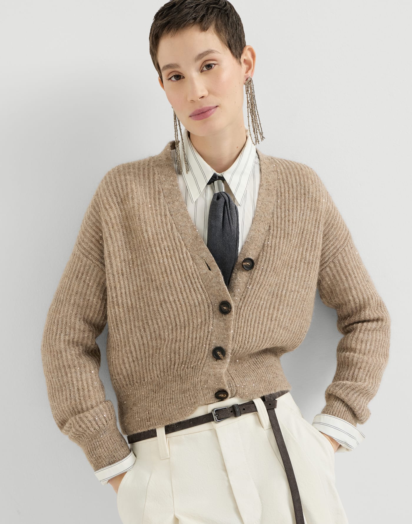 English rib knit cardigan Light Brown Woman - Brunello Cucinelli