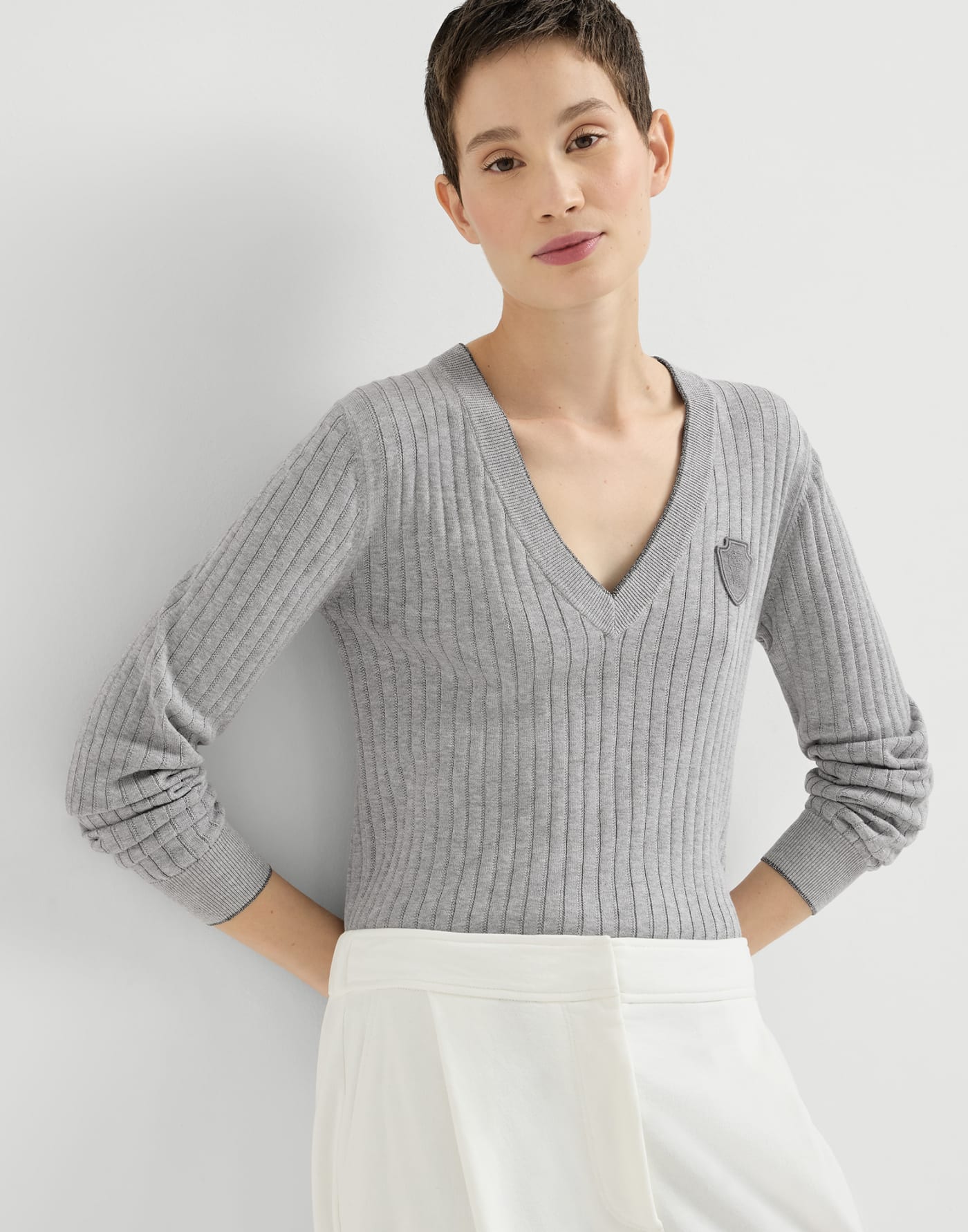 棉质细罗纹针织衫 灰色 女款 - Brunello Cucinelli