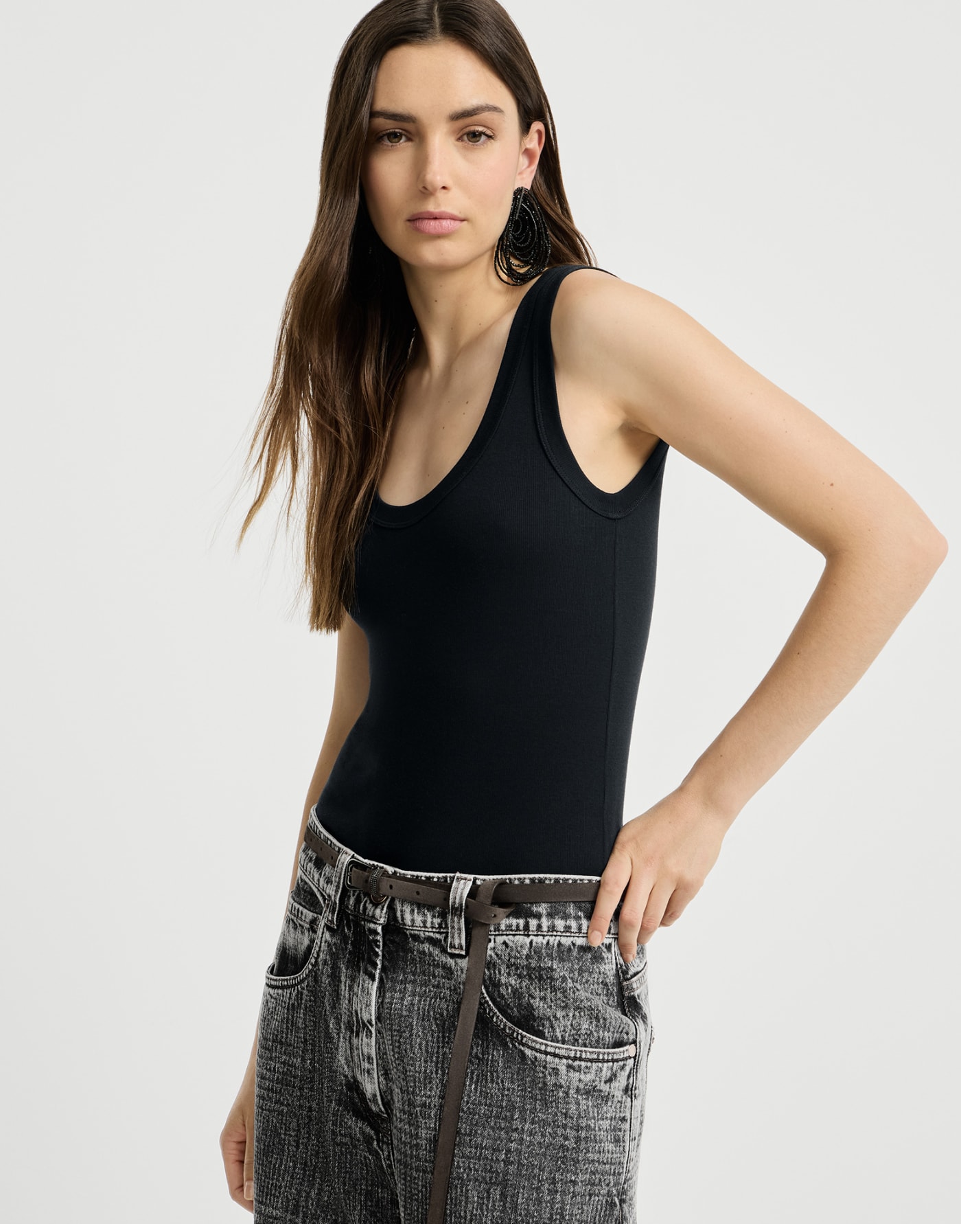 Ribbed jersey top with monili Black Woman - Brunello Cucinelli