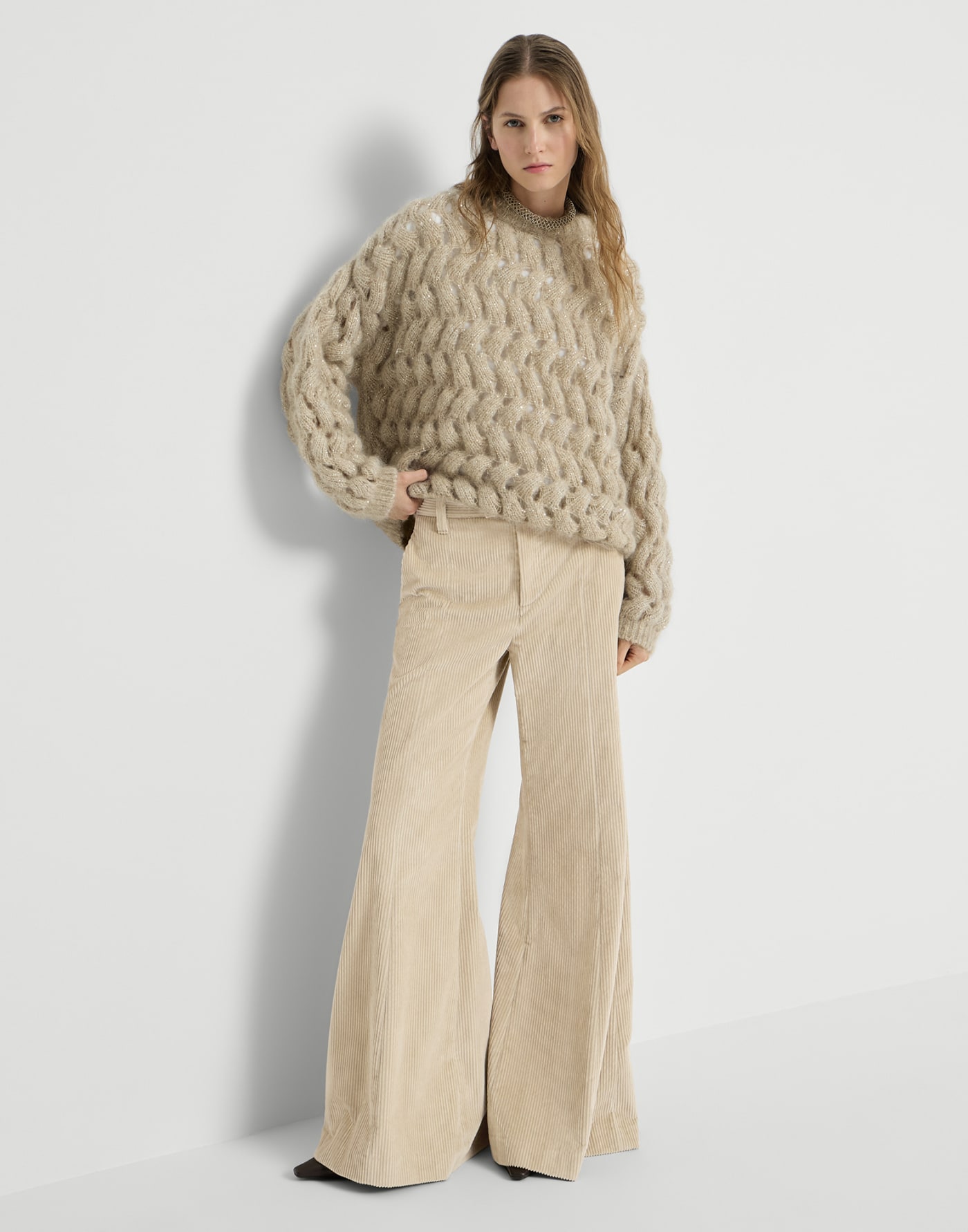 Wide flare trousers Cream Woman - Brunello Cucinelli