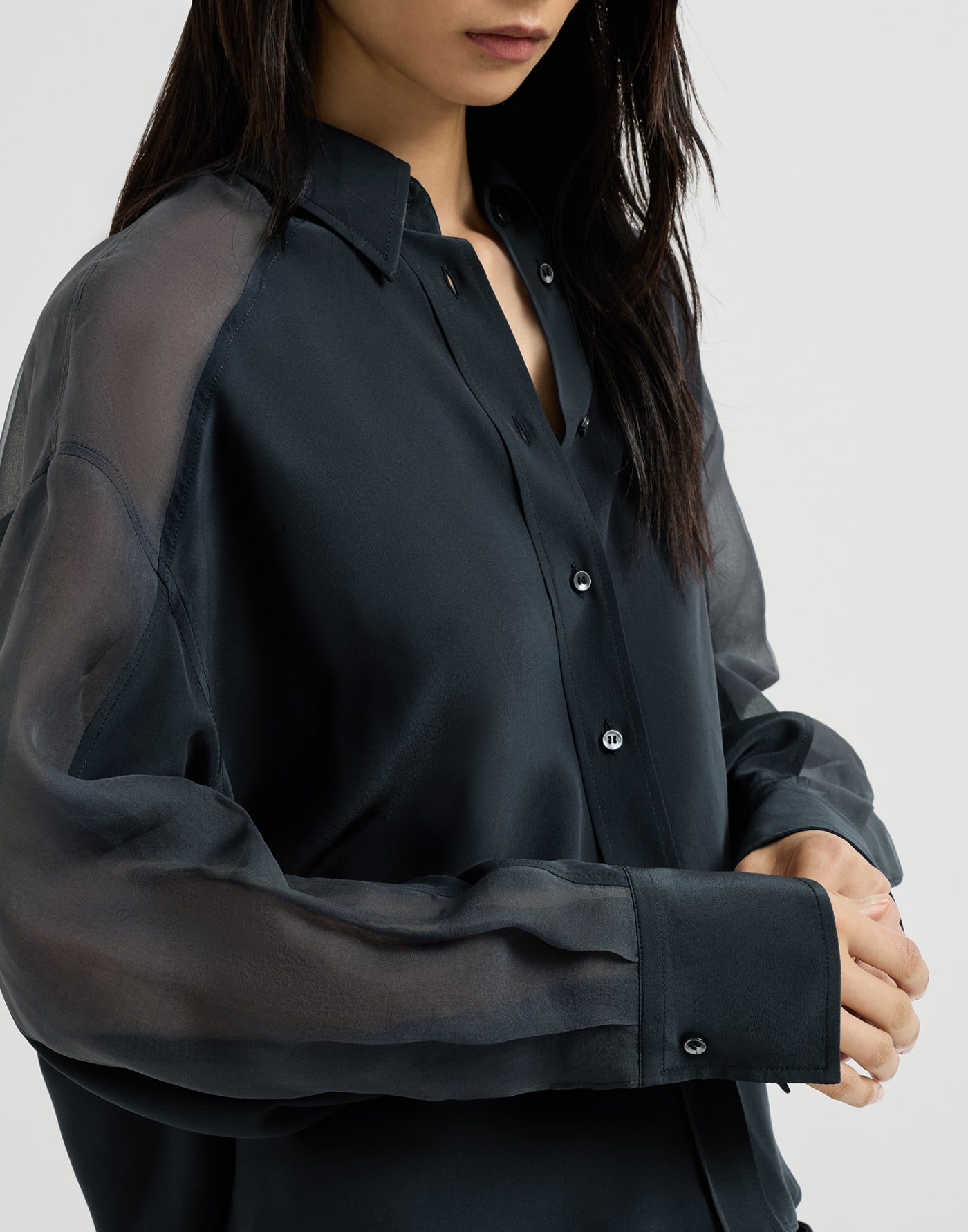 Paneled shirt with monili Blue Woman - Brunello Cucinelli
