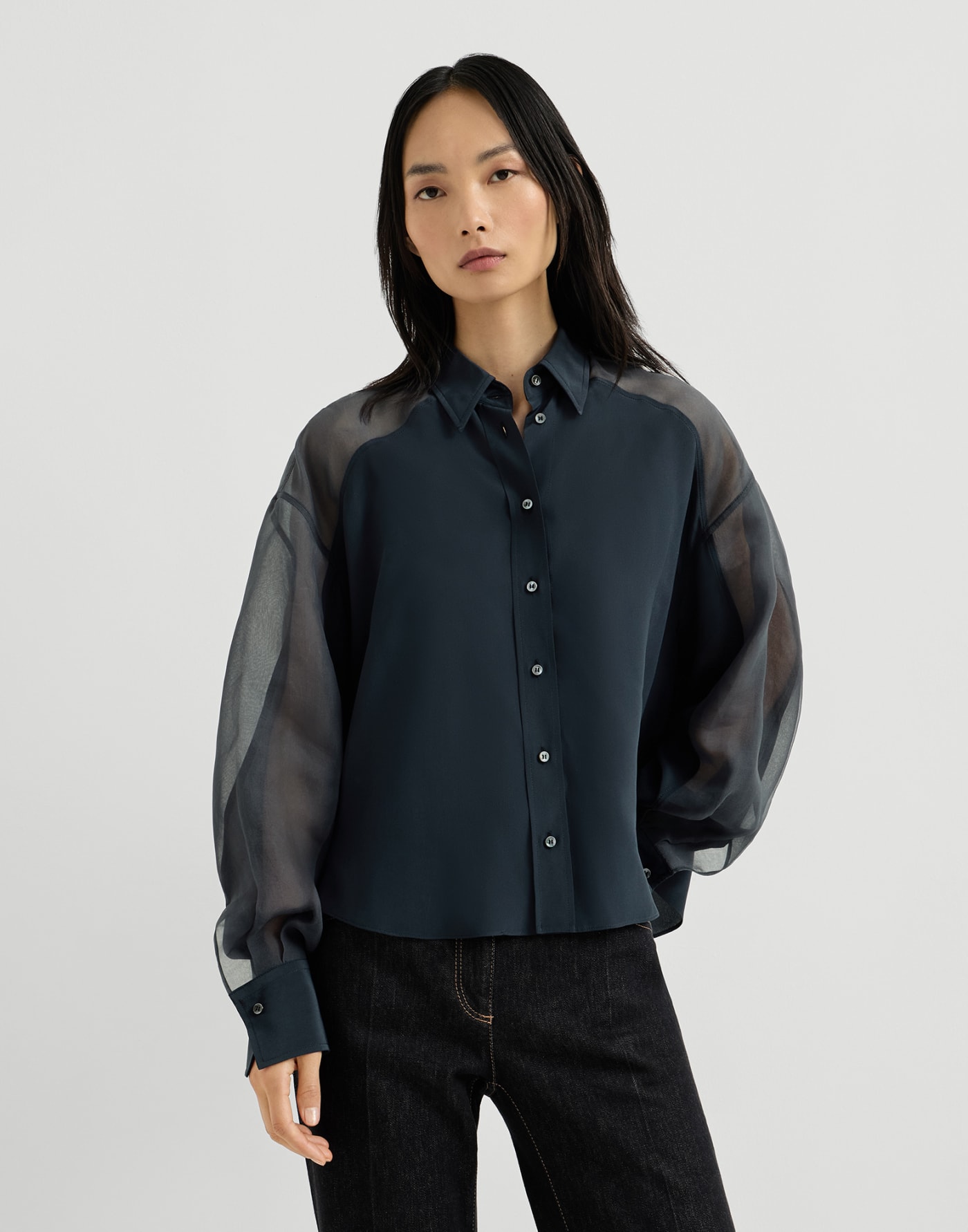 Paneled shirt with monili Blue Woman - Brunello Cucinelli