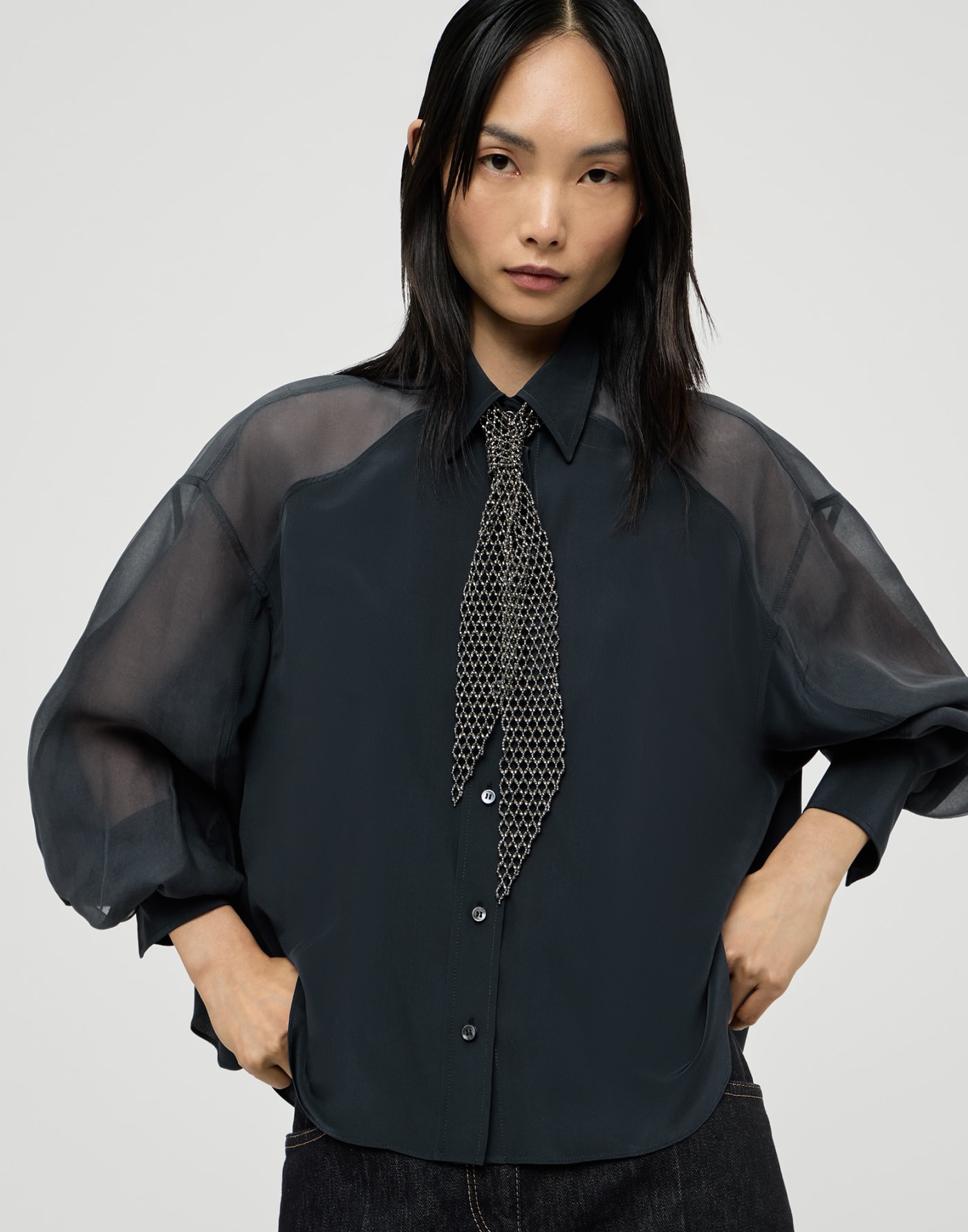 Paneled shirt with monili Blue Woman - Brunello Cucinelli