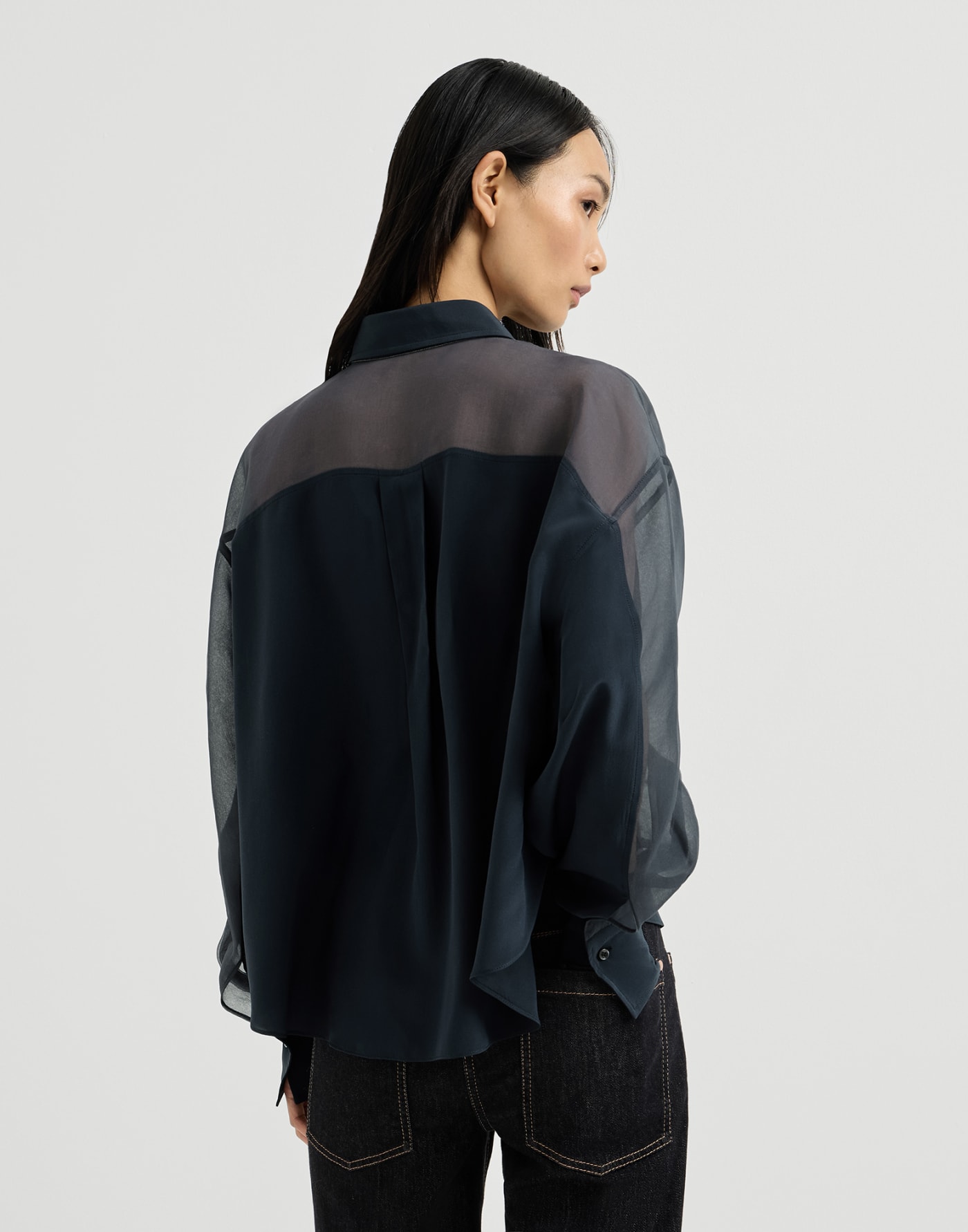 Paneled shirt with monili Blue Woman - Brunello Cucinelli