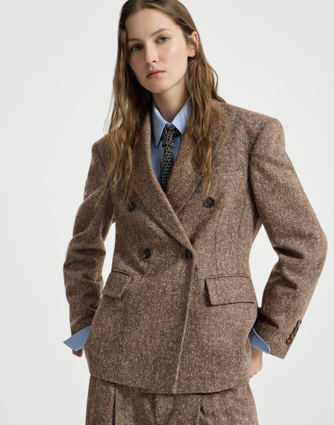 Gilet en donegal avec ceinture en cuir Marron Clair Femme - Brunello Cucinelli