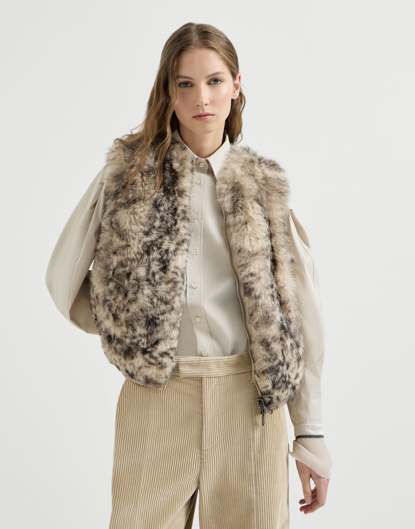 Lynx-effect shearling reversible vest Light Brown Woman - Brunello Cucinelli