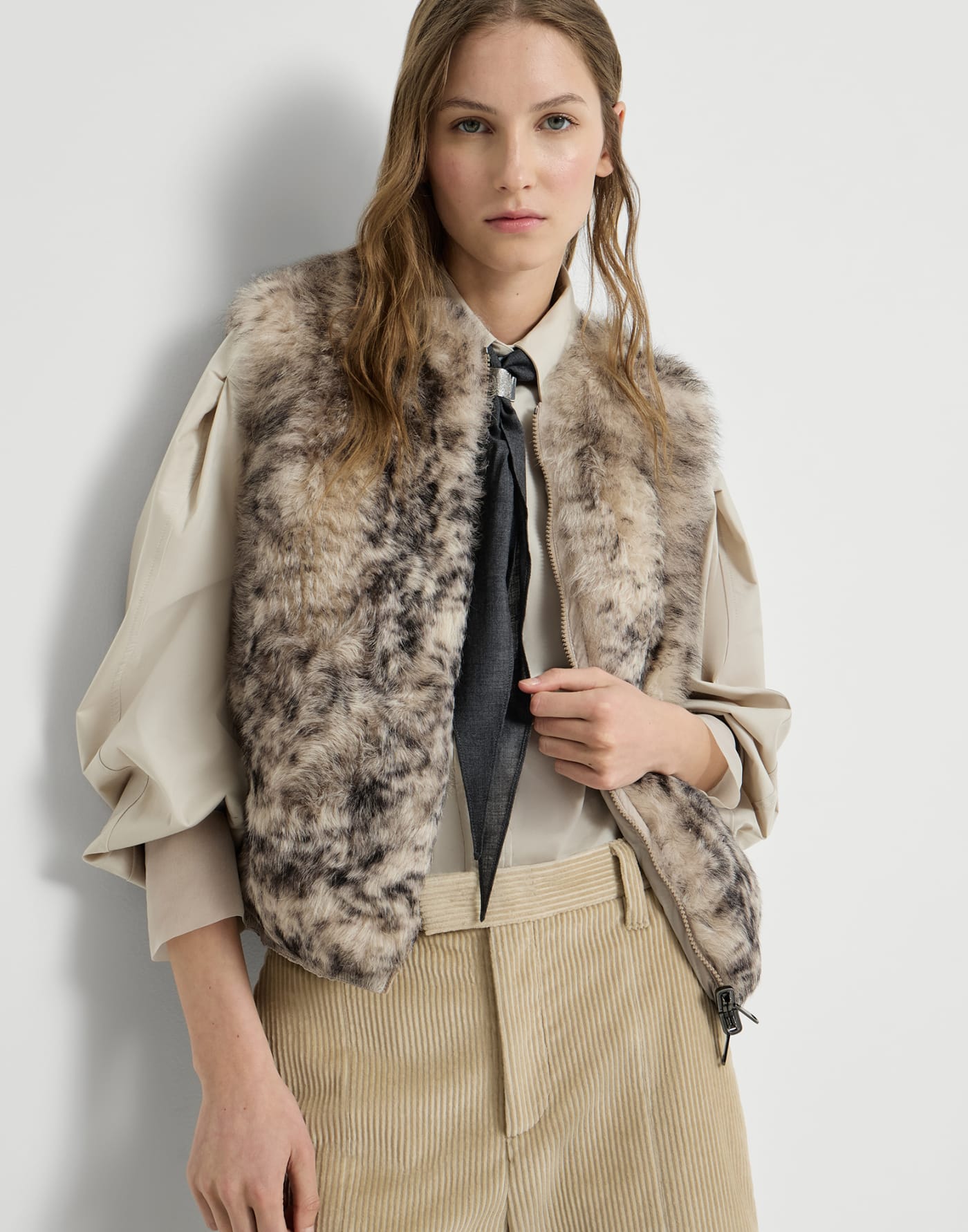 Lynx-effect shearling reversible vest Light Brown Woman - Brunello Cucinelli