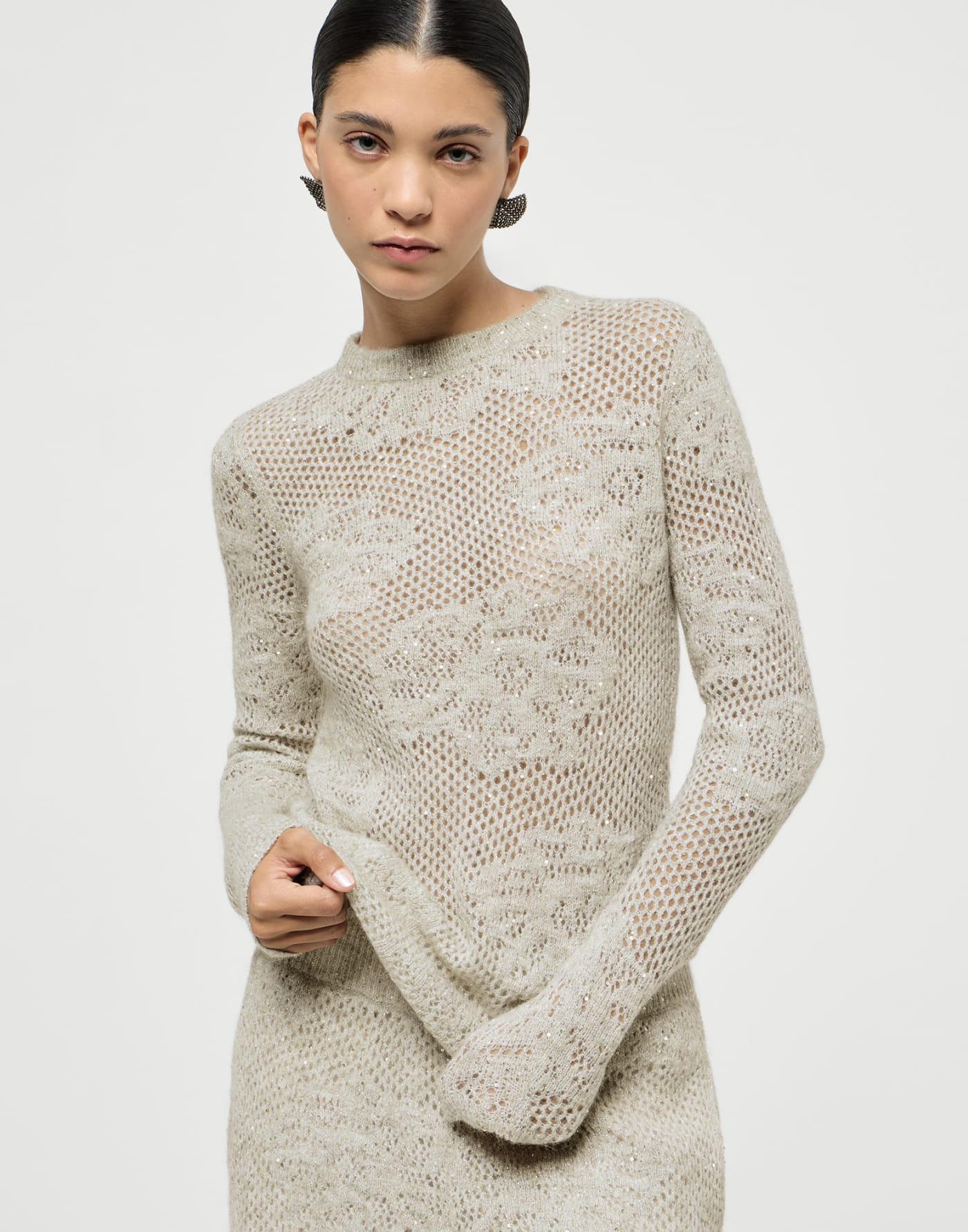 Lace flowers sweater Ivory Woman - Brunello Cucinelli