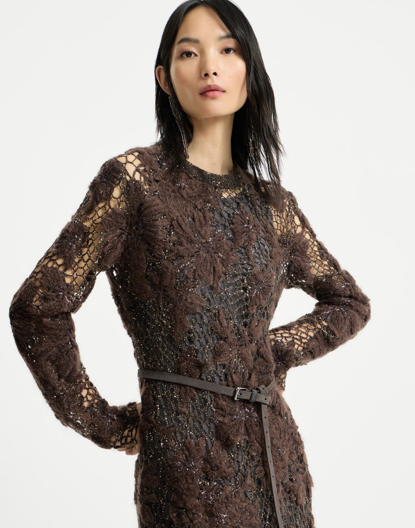 Whispering bloom embroidery dress Brown Woman - Brunello Cucinelli
