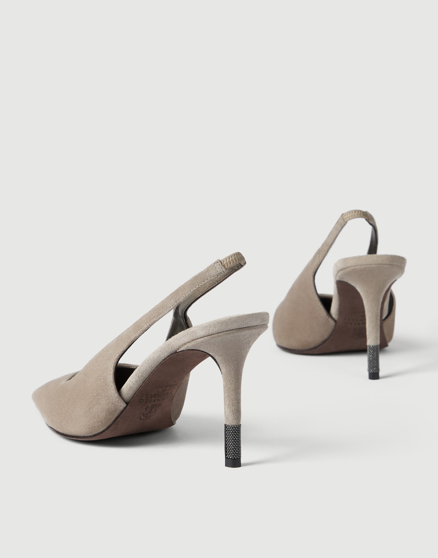 Suede slingback heels with monili Light Grey Woman - Brunello Cucinelli