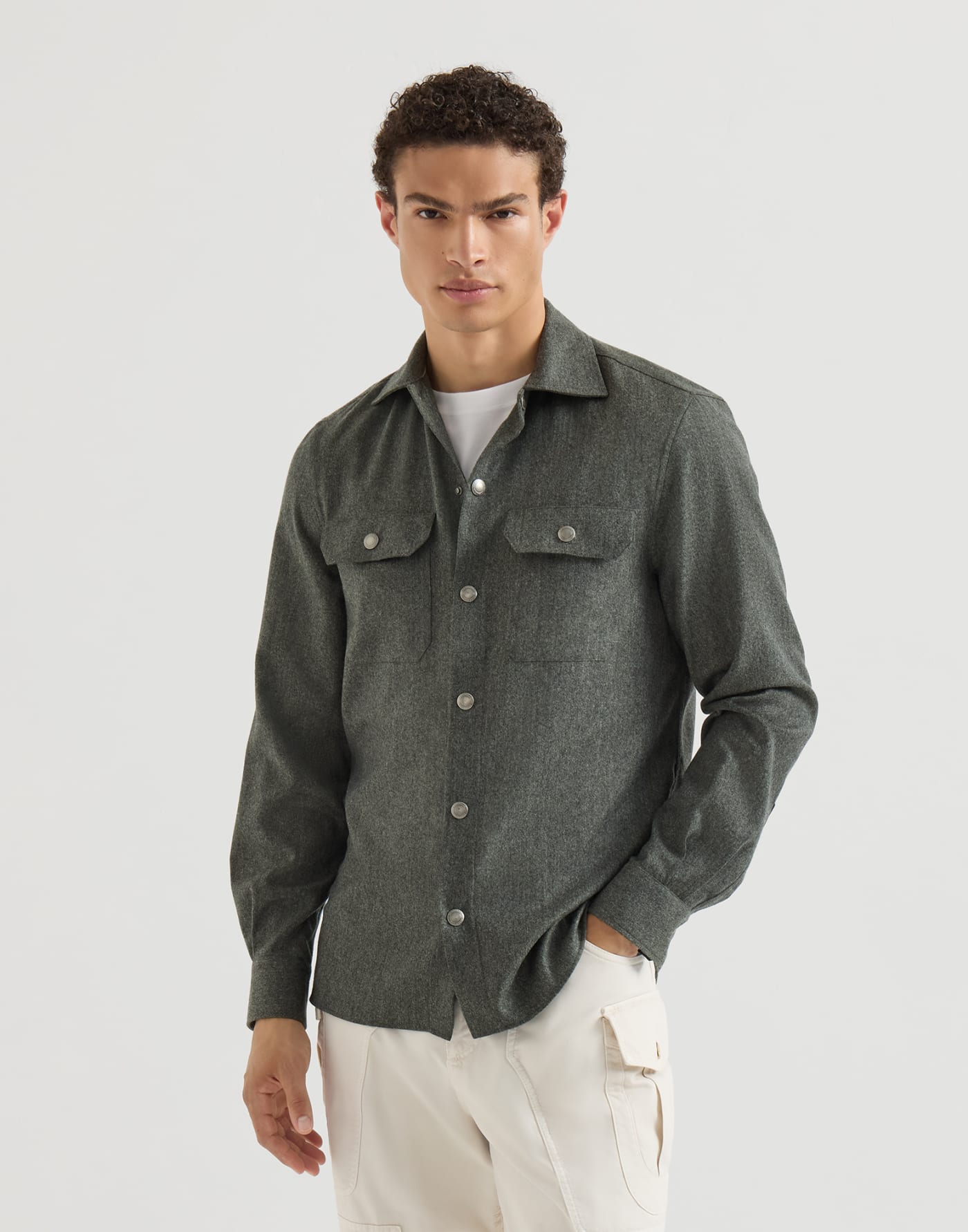 Overshirt with spread collar Forest Green Man - Brunello Cucinelli