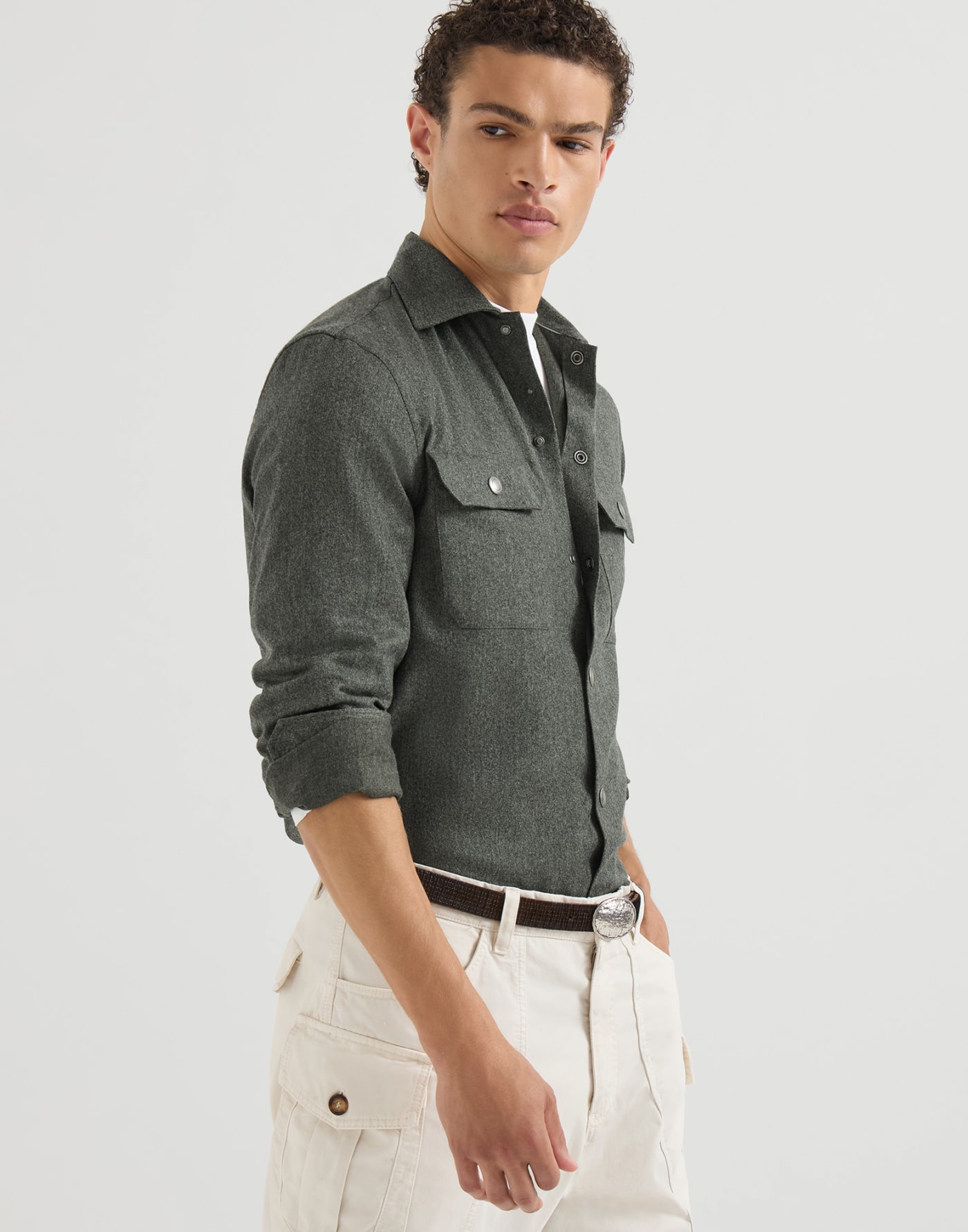 Overshirt with spread collar Forest Green Man - Brunello Cucinelli
