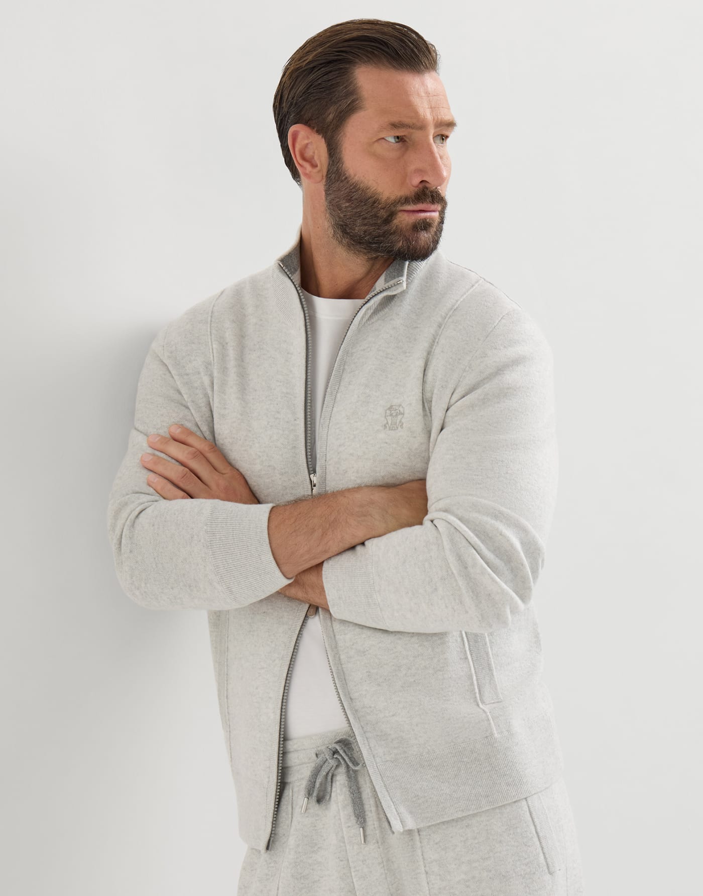Cashmere cardigan with logo Light Grey Man - Brunello Cucinelli