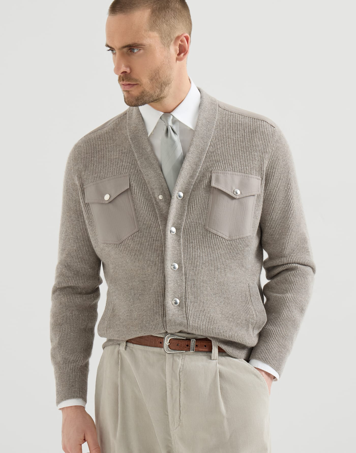 Cashmere cardigan with chest pockets Stone Grey Man - Brunello Cucinelli