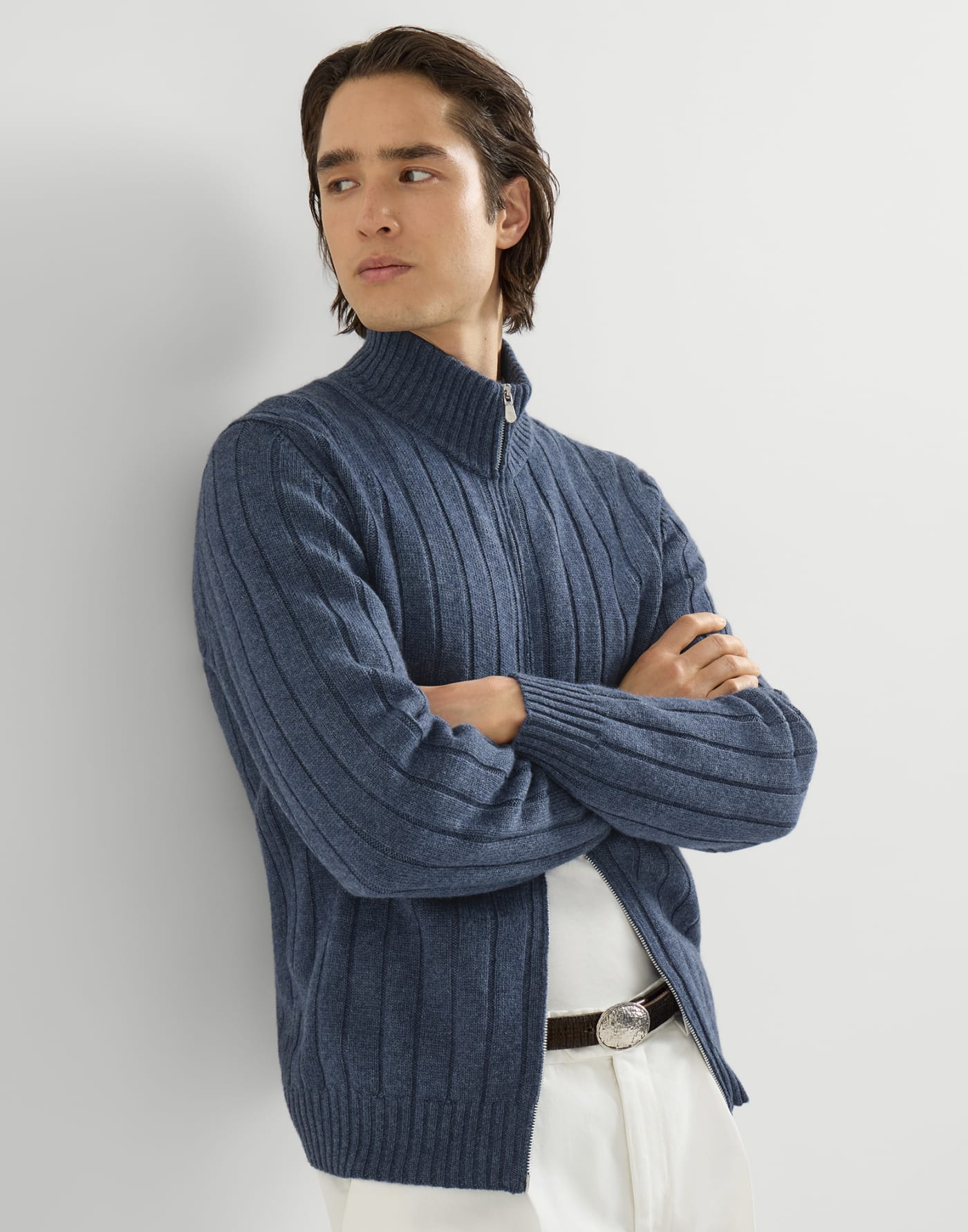 Cashmere cardigan with zipper Denim Man - Brunello Cucinelli
