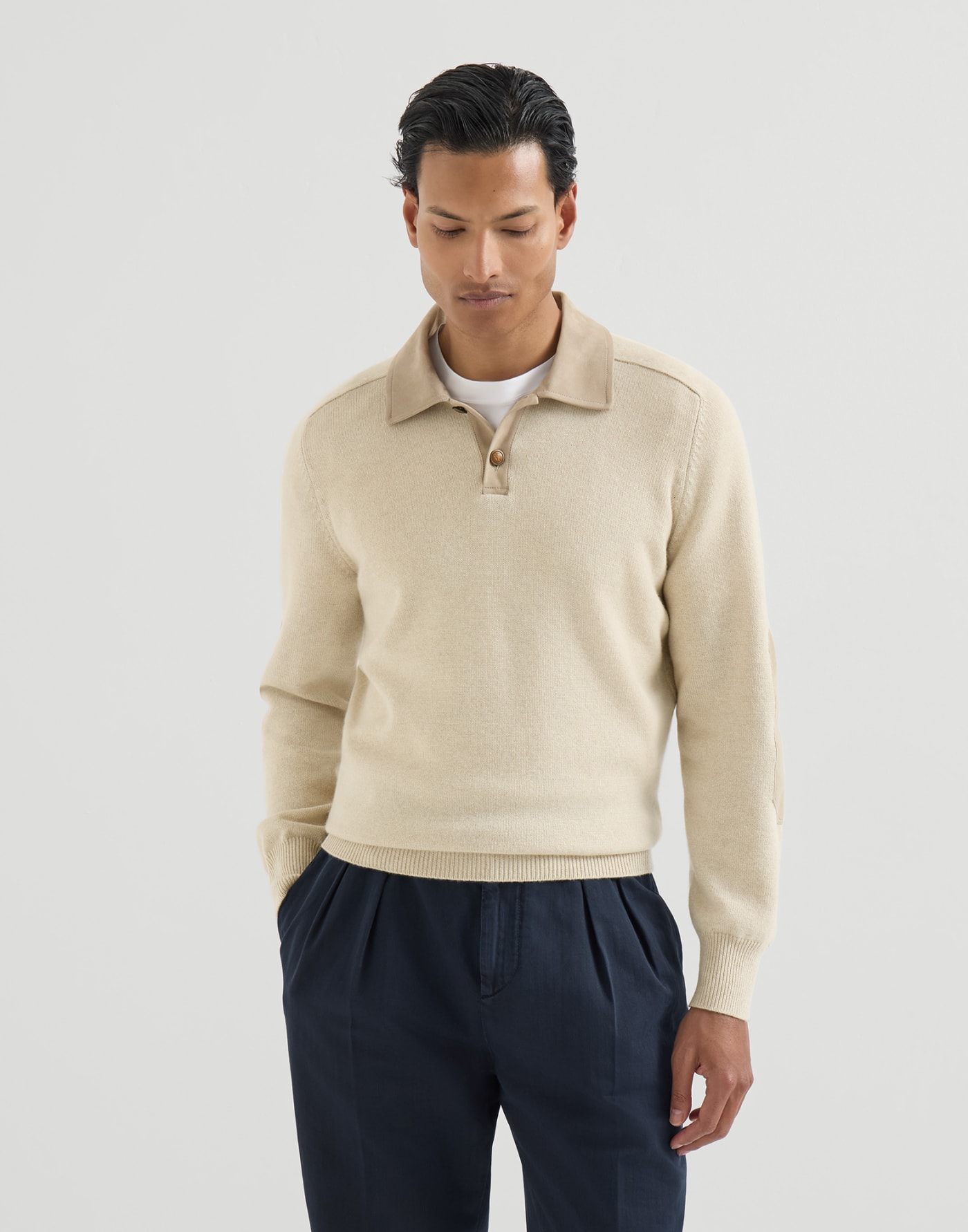 Cashmere knit polo shirt Sand Man - Brunello Cucinelli