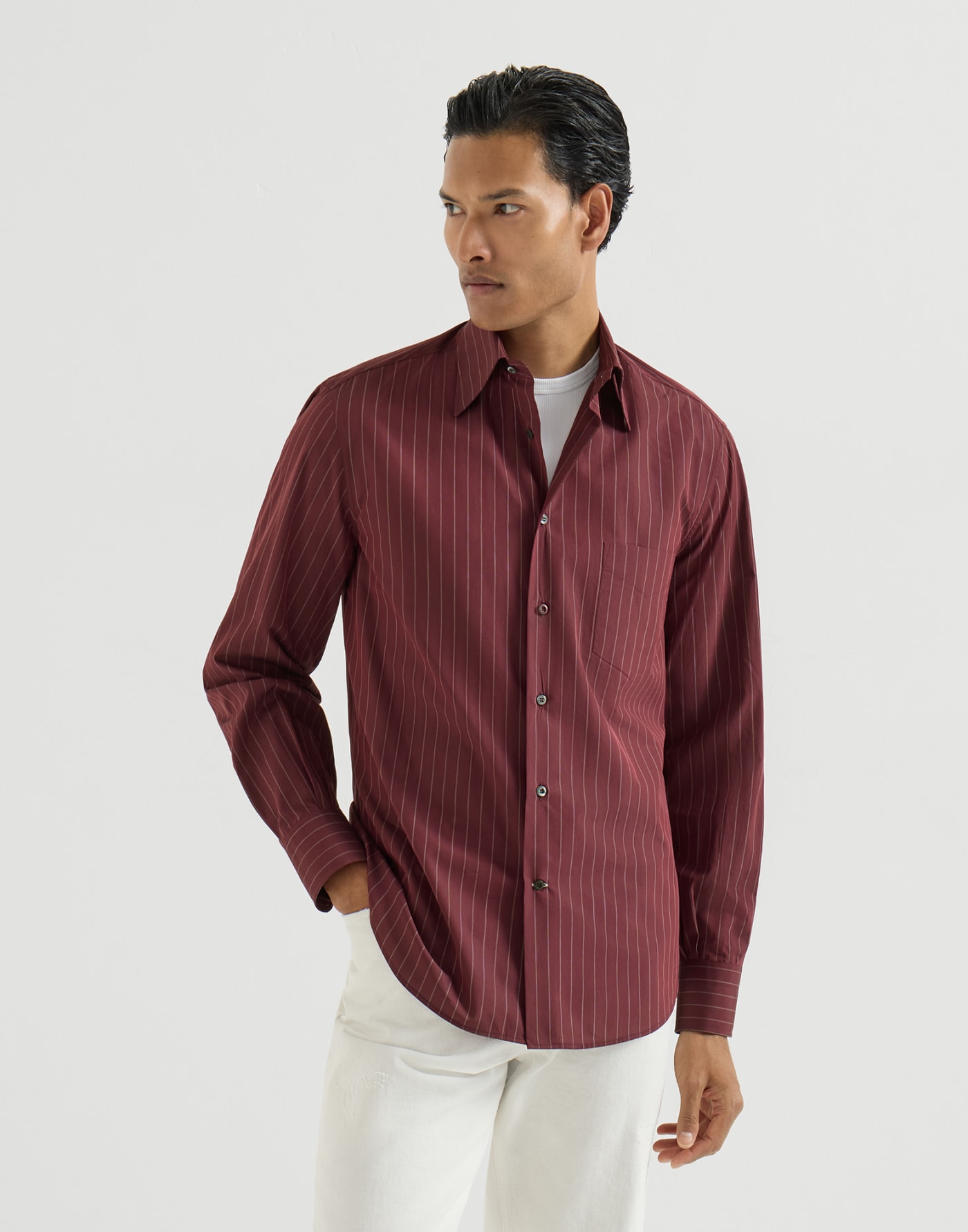Pinstripe cotton overshirt Burgundy Man - Brunello Cucinelli