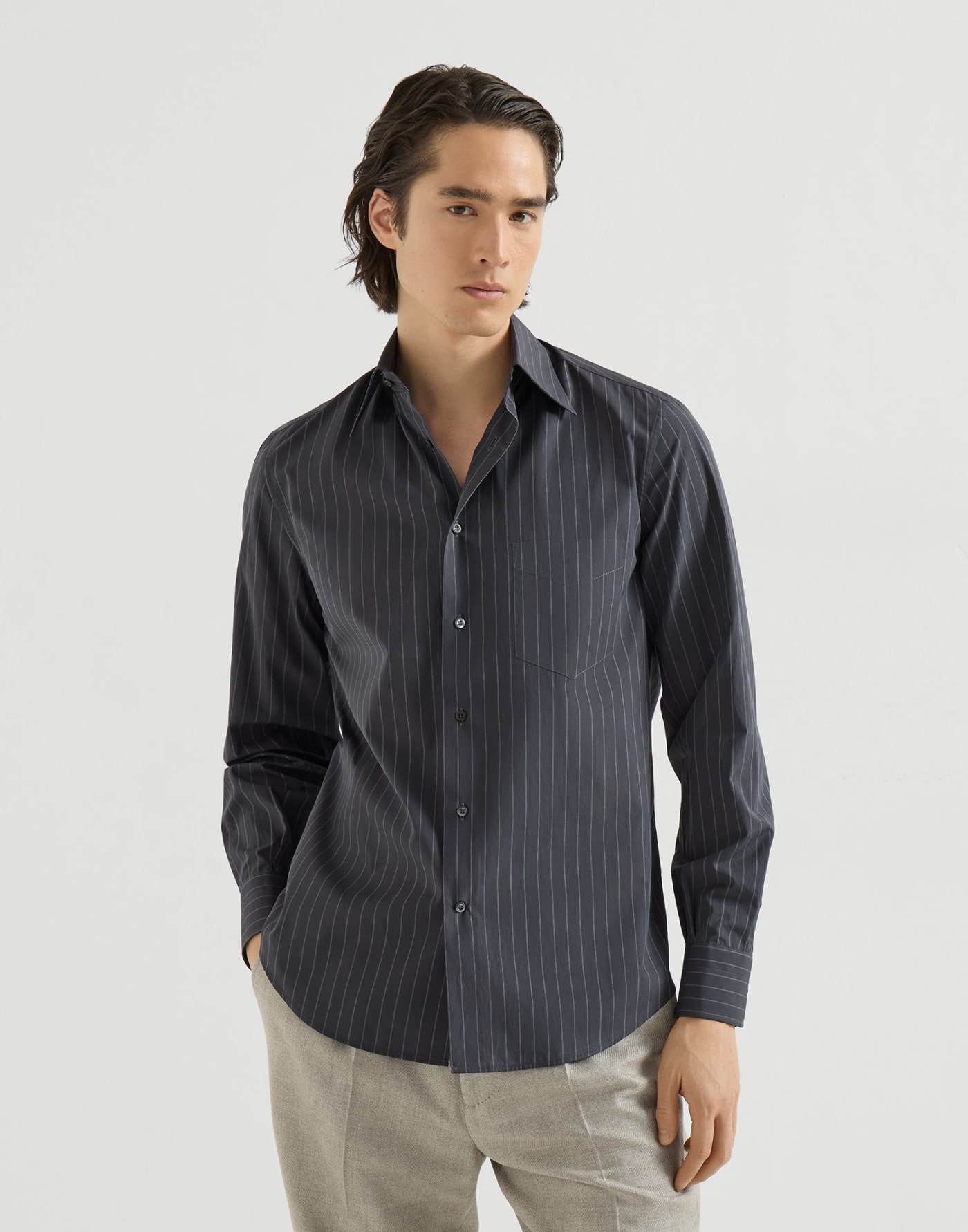 Pinstripe cotton overshirt Dark Grey Man - Brunello Cucinelli