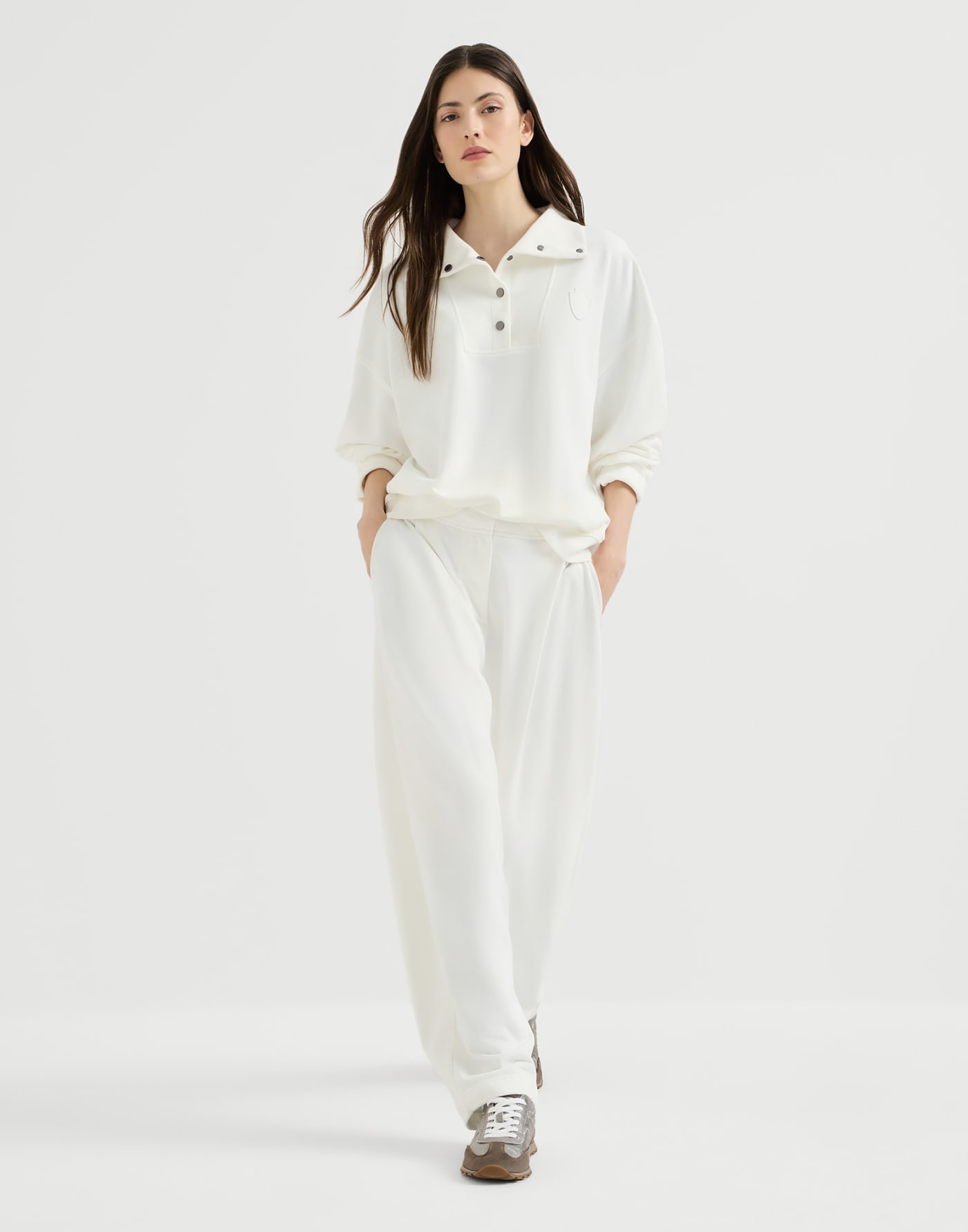 Smooth French terry pleated track trousers White Woman - Brunello Cucinelli