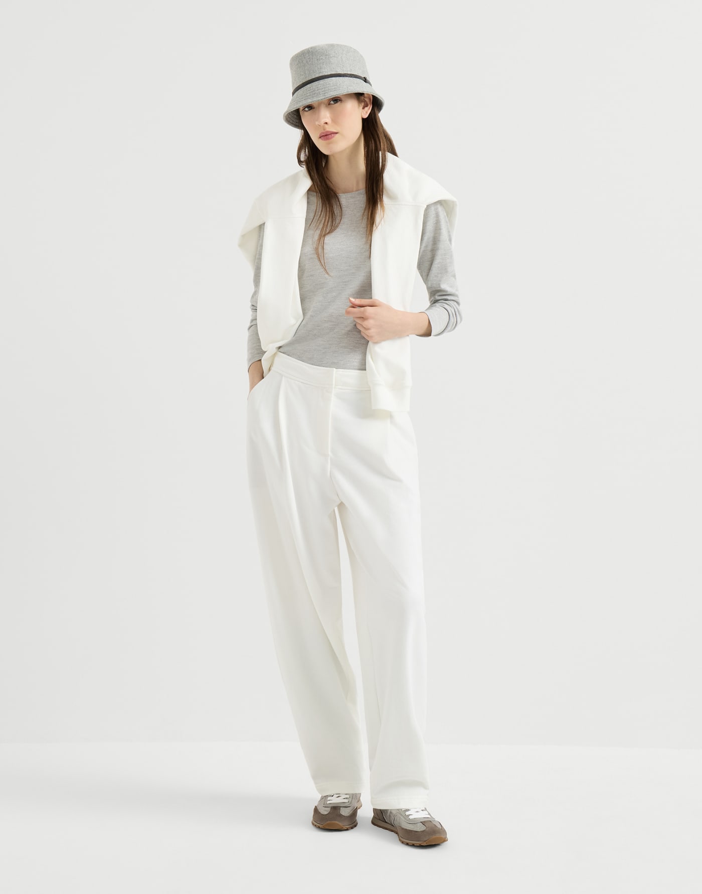 Smooth French terry pleated track trousers White Woman - Brunello Cucinelli