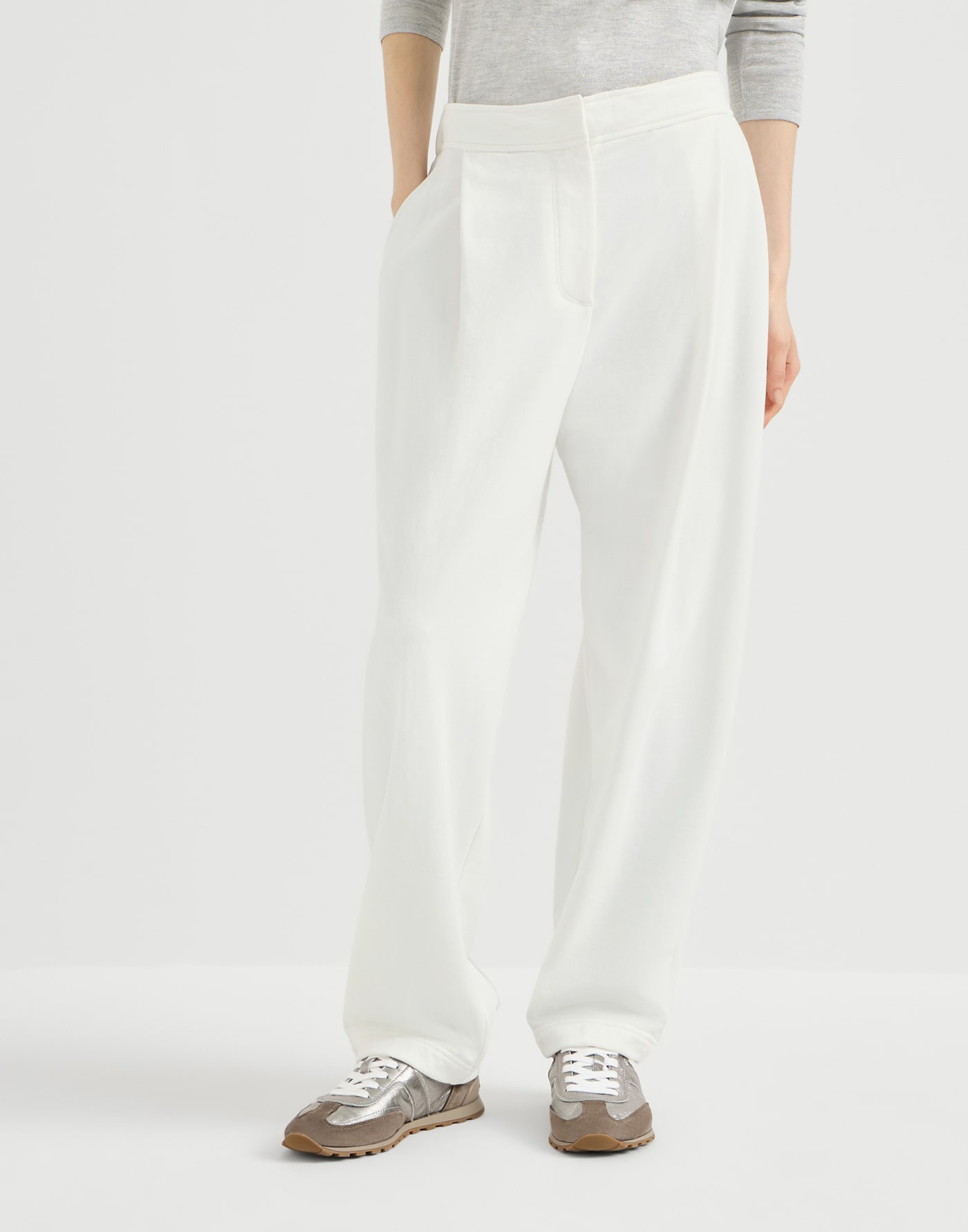 Smooth French terry pleated track trousers White Woman - Brunello Cucinelli