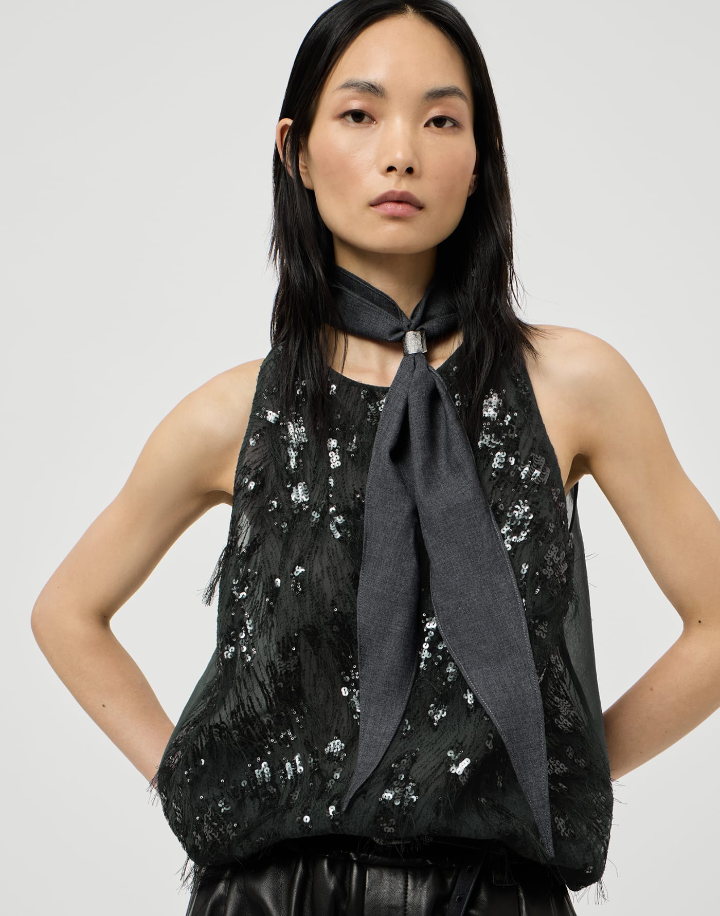 Top with dazzling lynx embroidery Lignite Grey Woman - Brunello Cucinelli