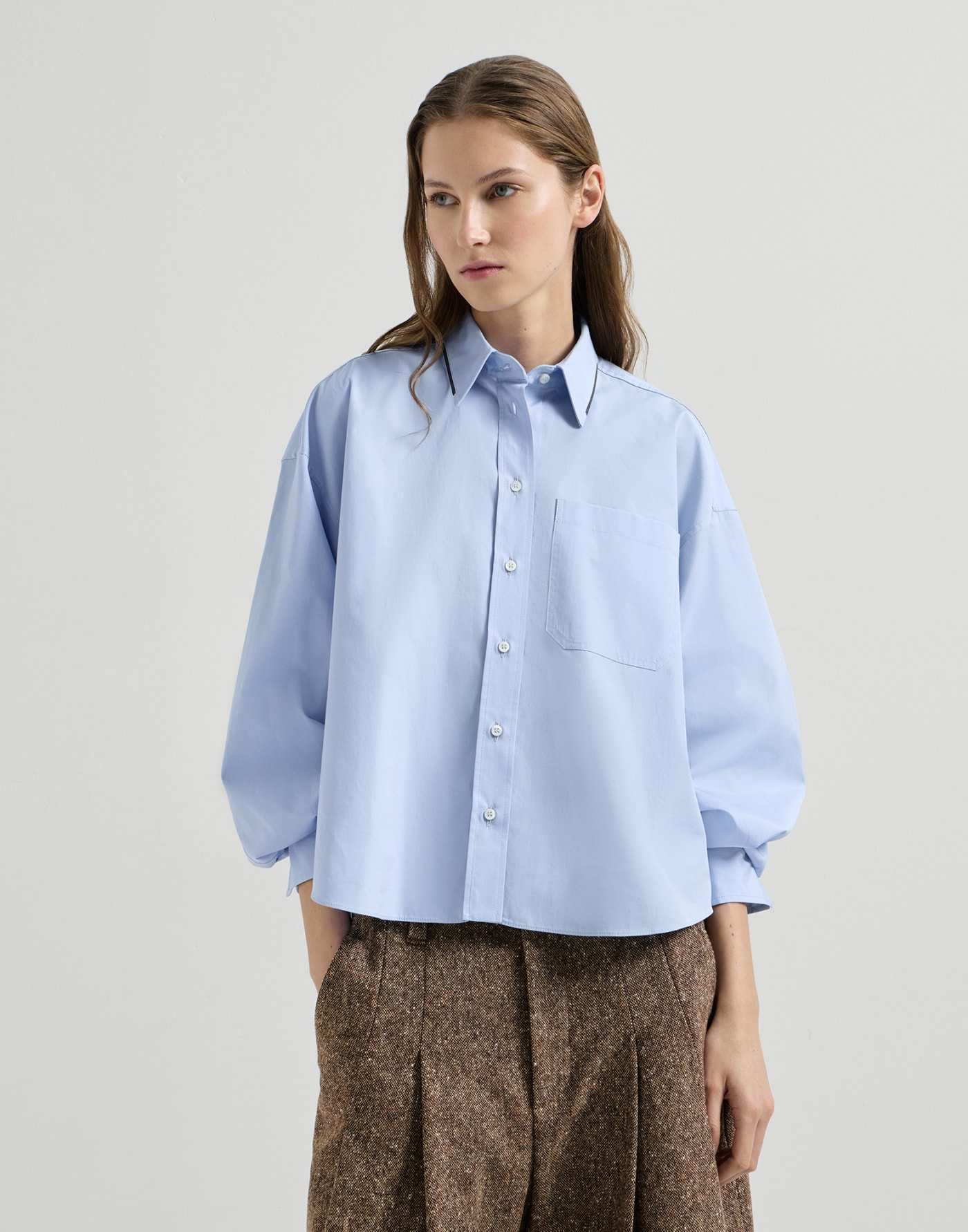 Poplin shirt with monili Oxford Blue Woman - Brunello Cucinelli