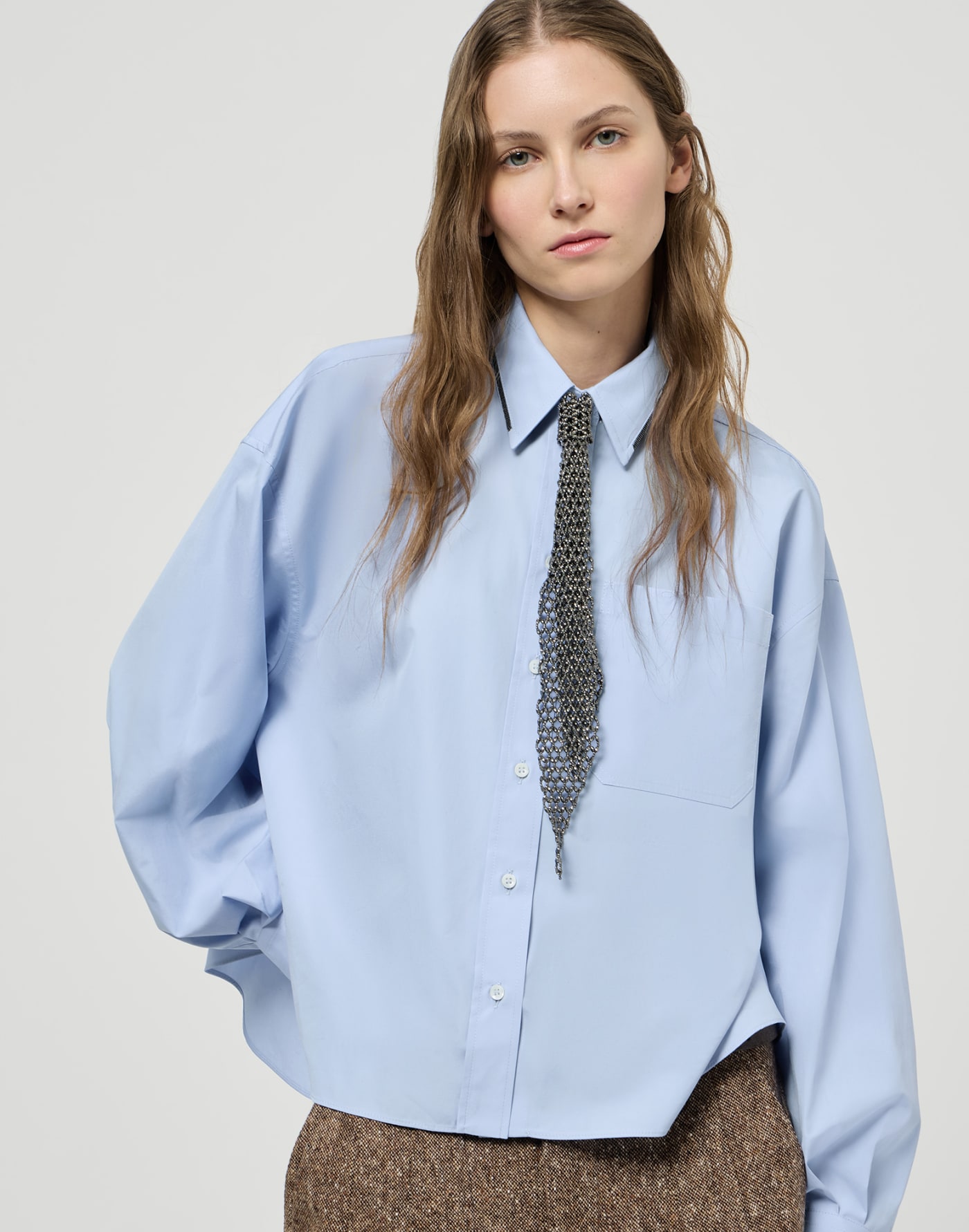 Poplin shirt with monili Oxford Blue Woman - Brunello Cucinelli