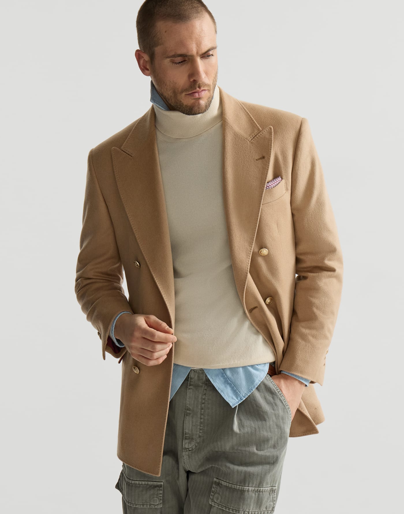 Veste demi-croisée en flanelle Chameau Homme - Brunello Cucinelli