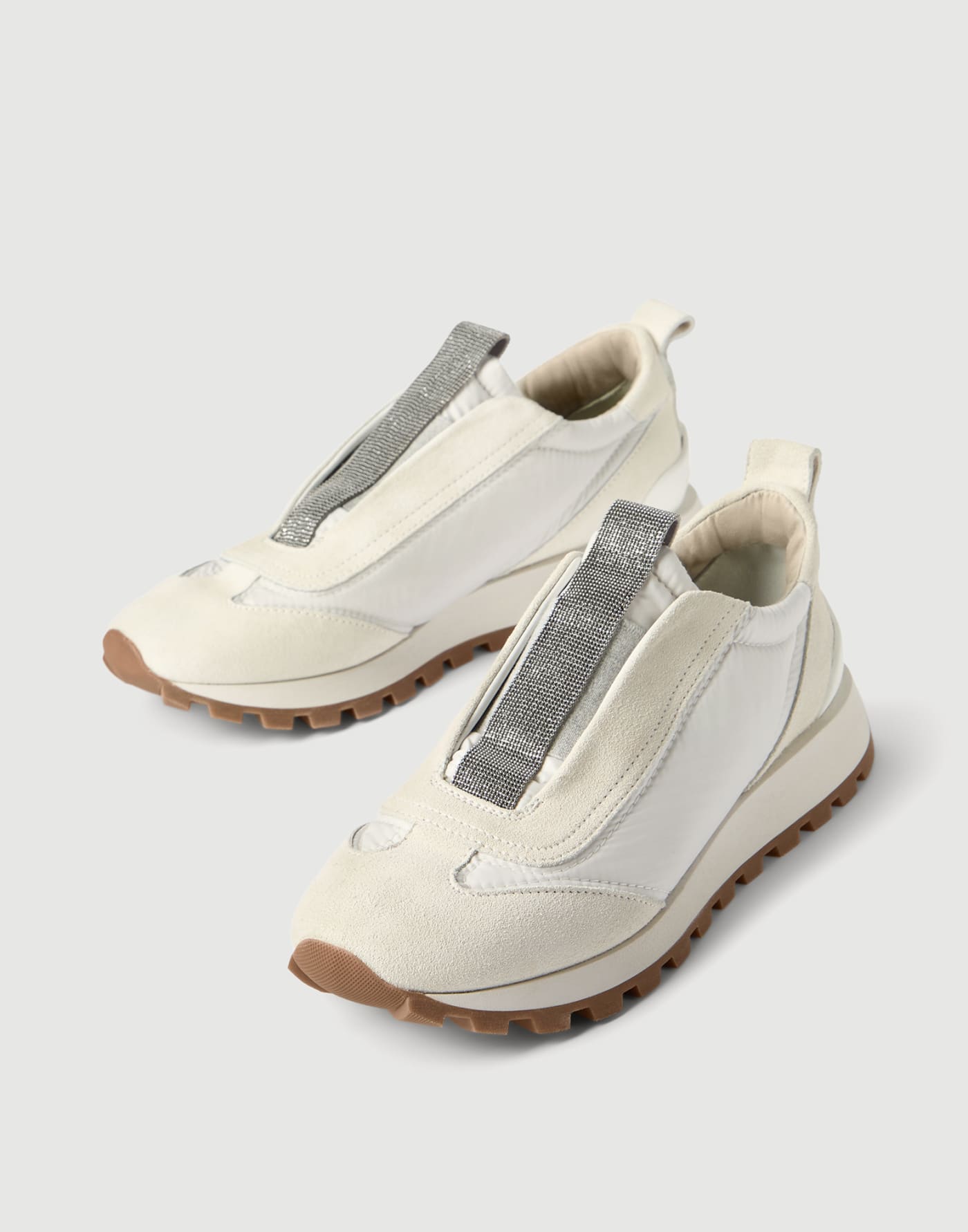 Sneakers aus Veloursleder mit Monili Weiß Damen - Brunello Cucinelli