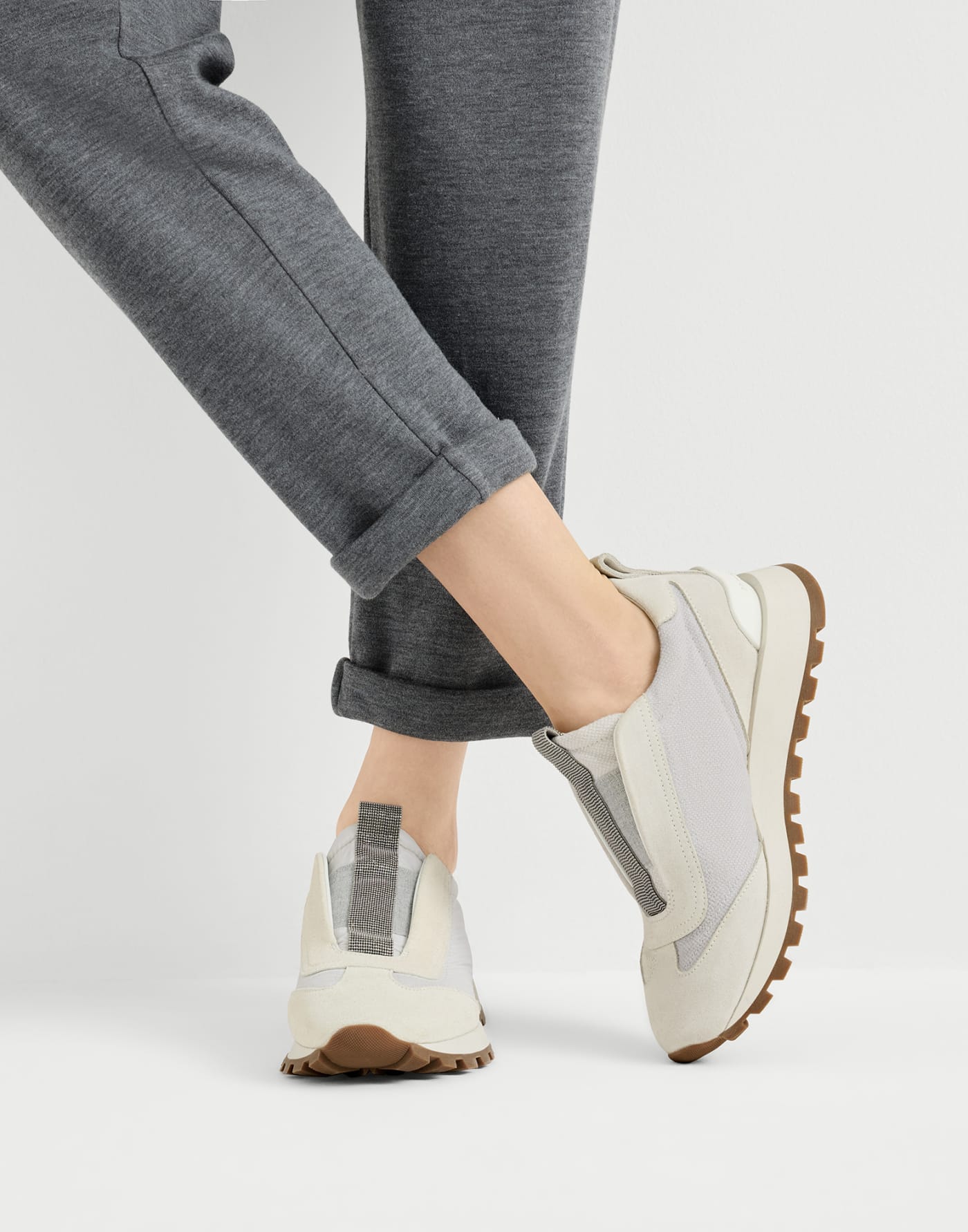 Sneakers aus Veloursleder mit Monili Weiß Damen - Brunello Cucinelli