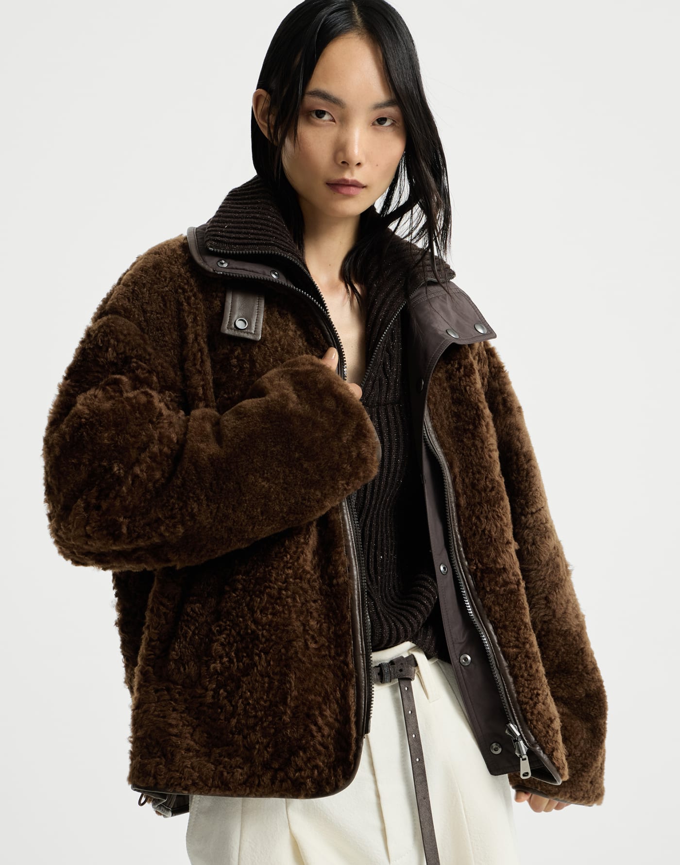 双面毛羊皮外套 棕色 女款 - Brunello Cucinelli