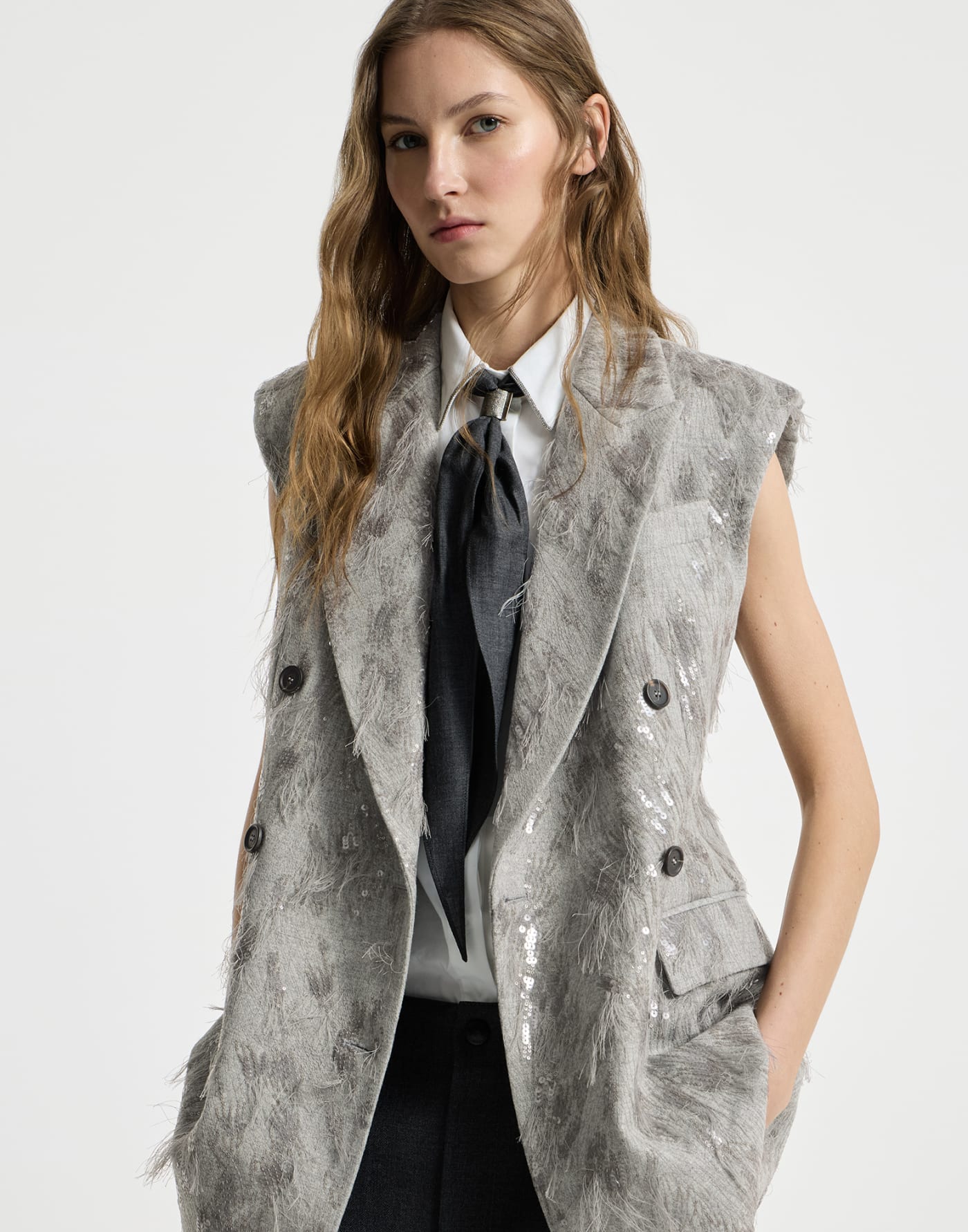 Vest with dazzling lynx embroidery Grey Woman - Brunello Cucinelli