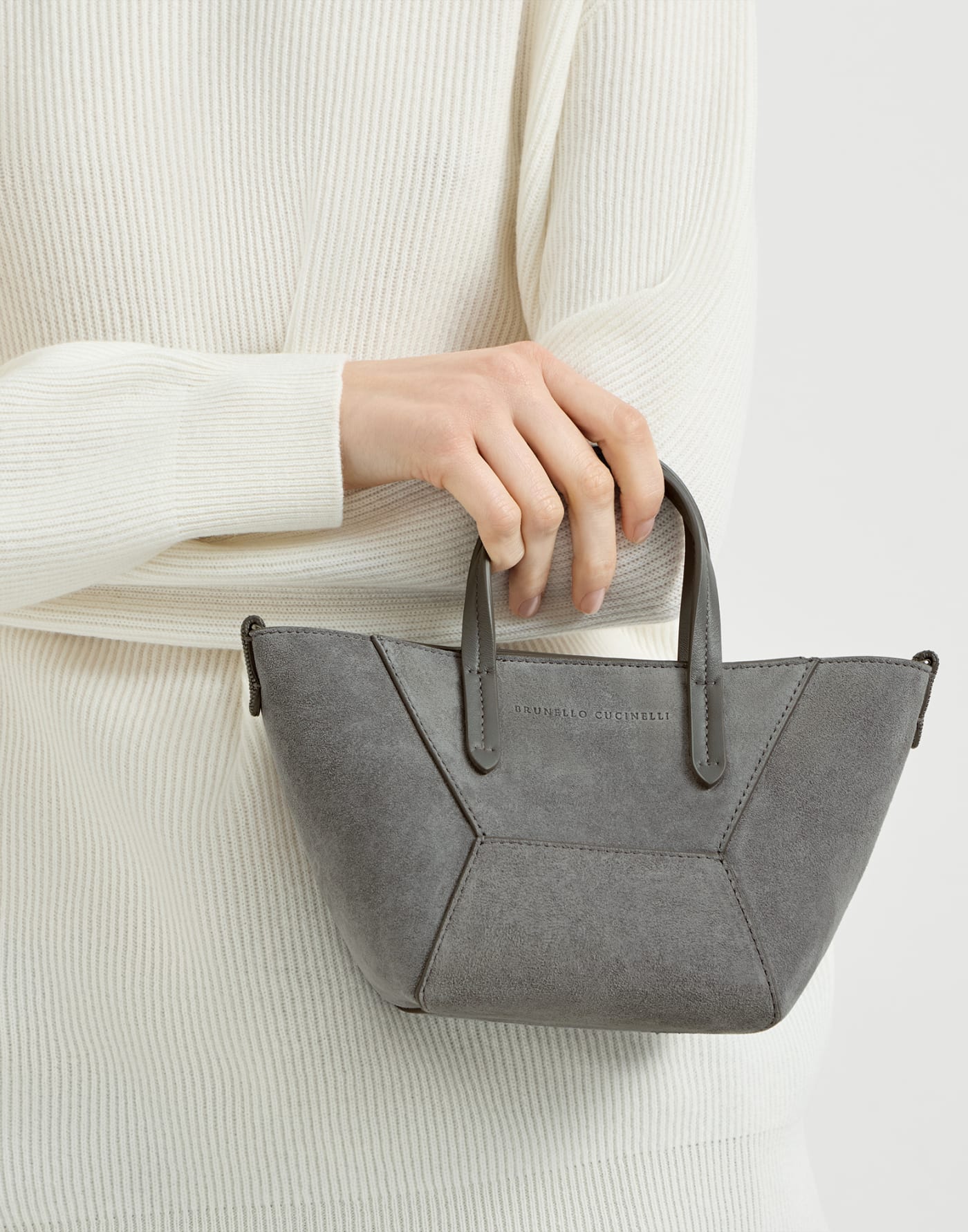 BC Duo mini bag in suede with monili Stone Grey Woman - Brunello Cucinelli