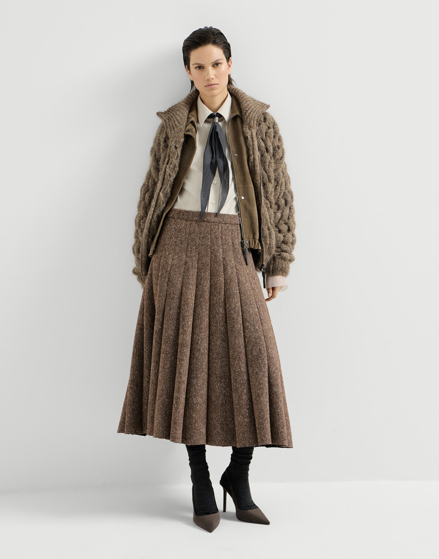 Gonna Pleated in donegal Marrone Chiaro Donna - Brunello Cucinelli
