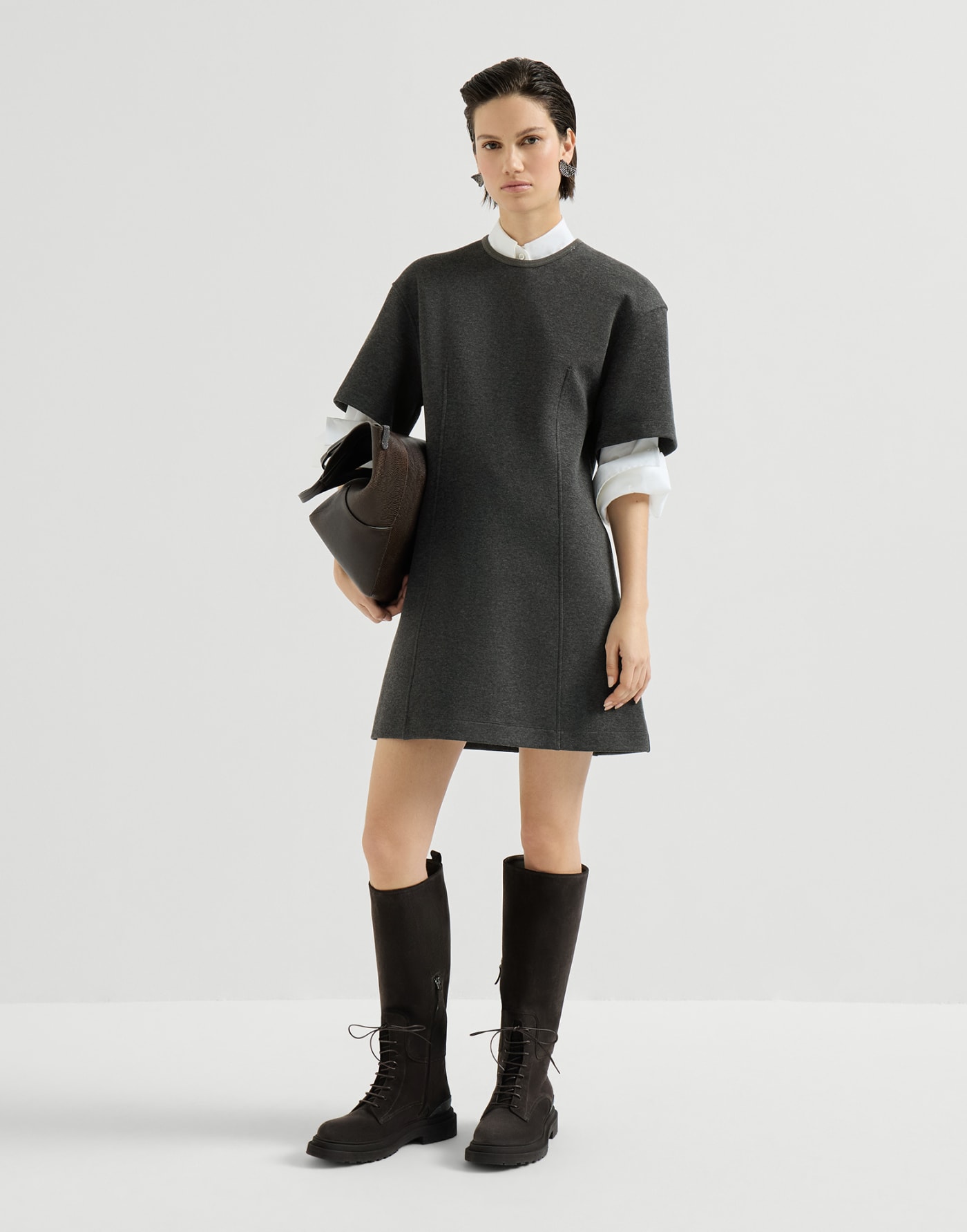 T-shirt dress with precious collar Anthracite Woman - Brunello Cucinelli