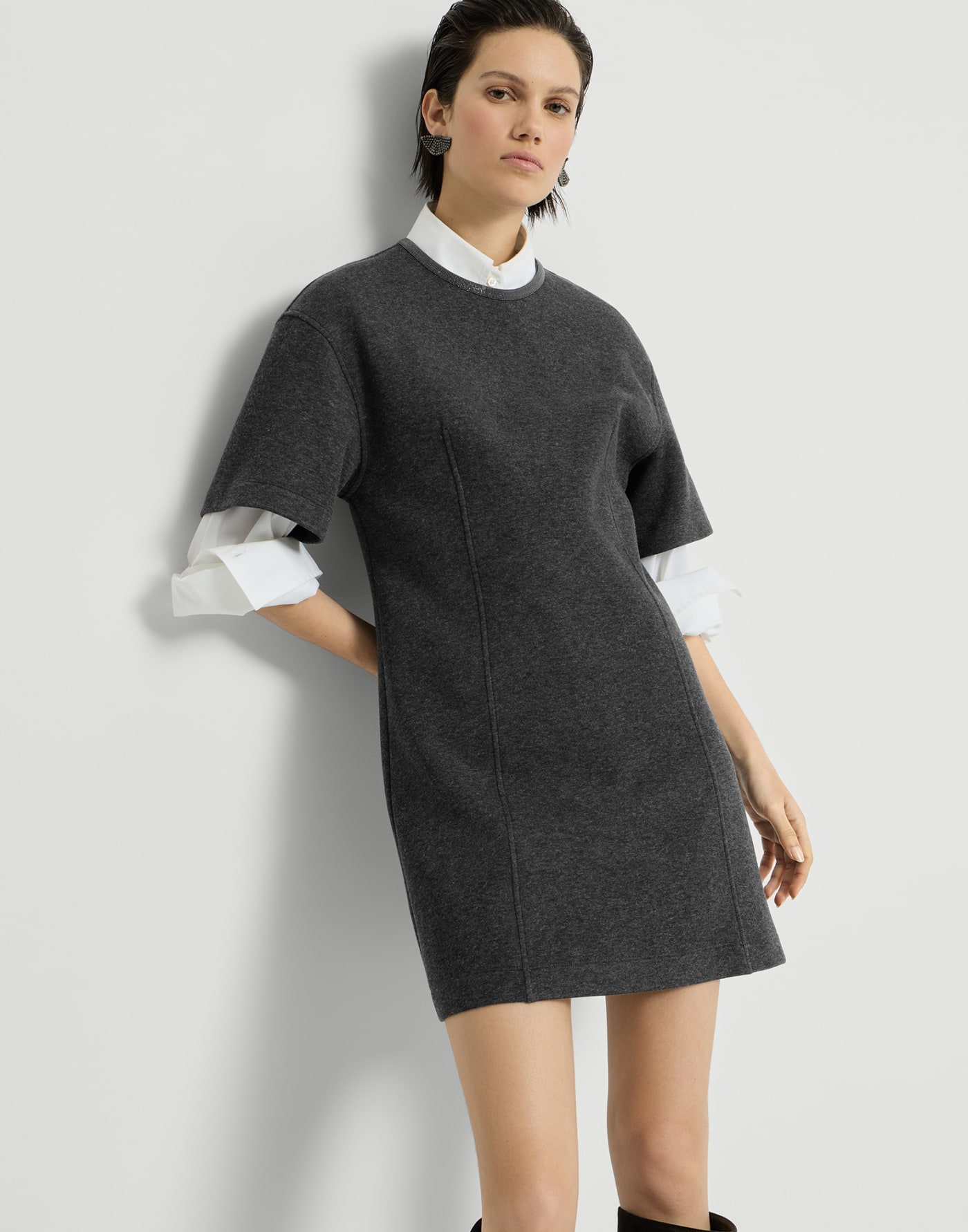 T-shirt dress with precious collar Anthracite Woman - Brunello Cucinelli
